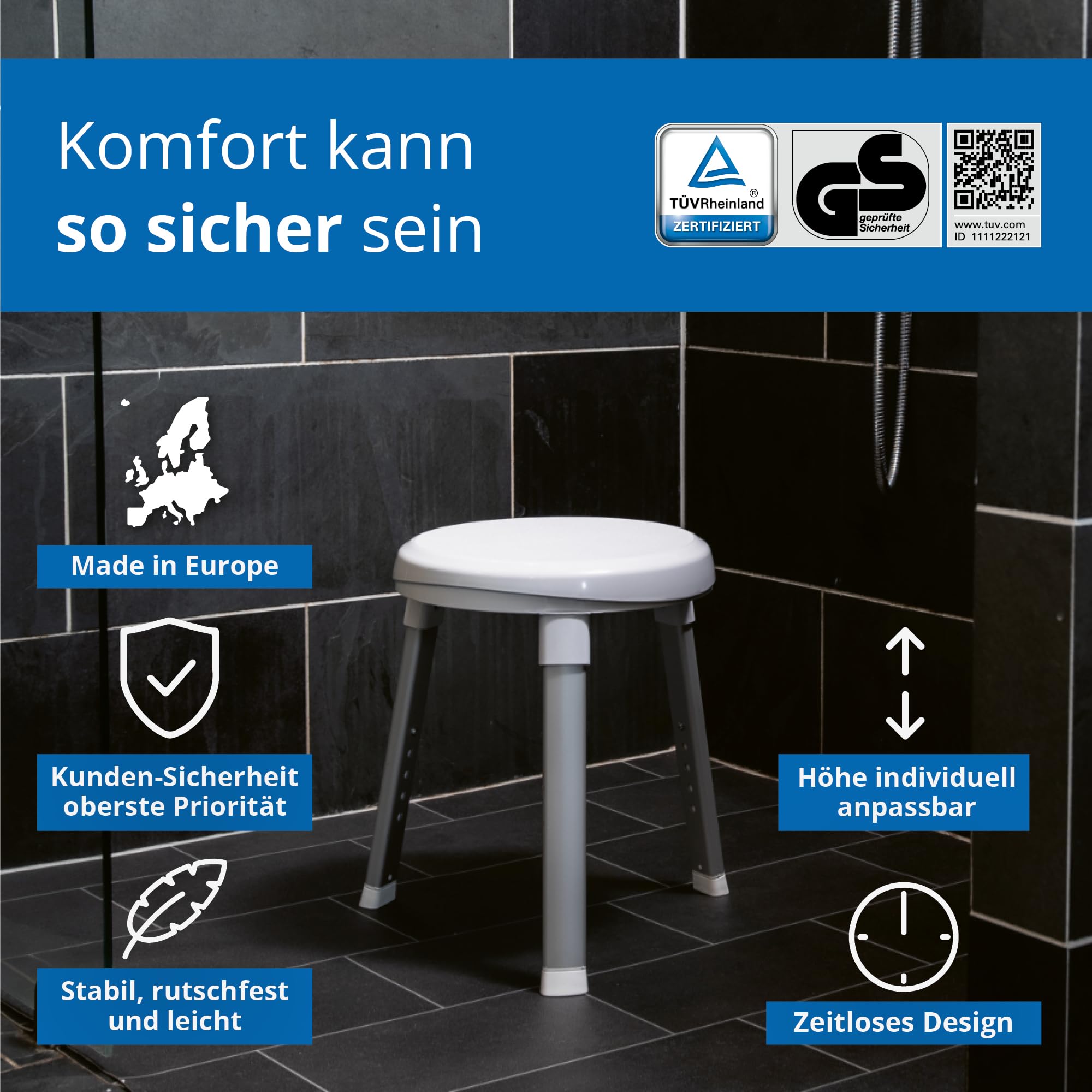 Weinberger 360° drehbarer Duschhocker höhenverstellbar 38-48 cm | Belastbar bis 150 kg | 2,8 kg leicht, rutschfest & modern | Runder Duschstuhl für Senioren für mehr Sicherheit im Bad in weiß