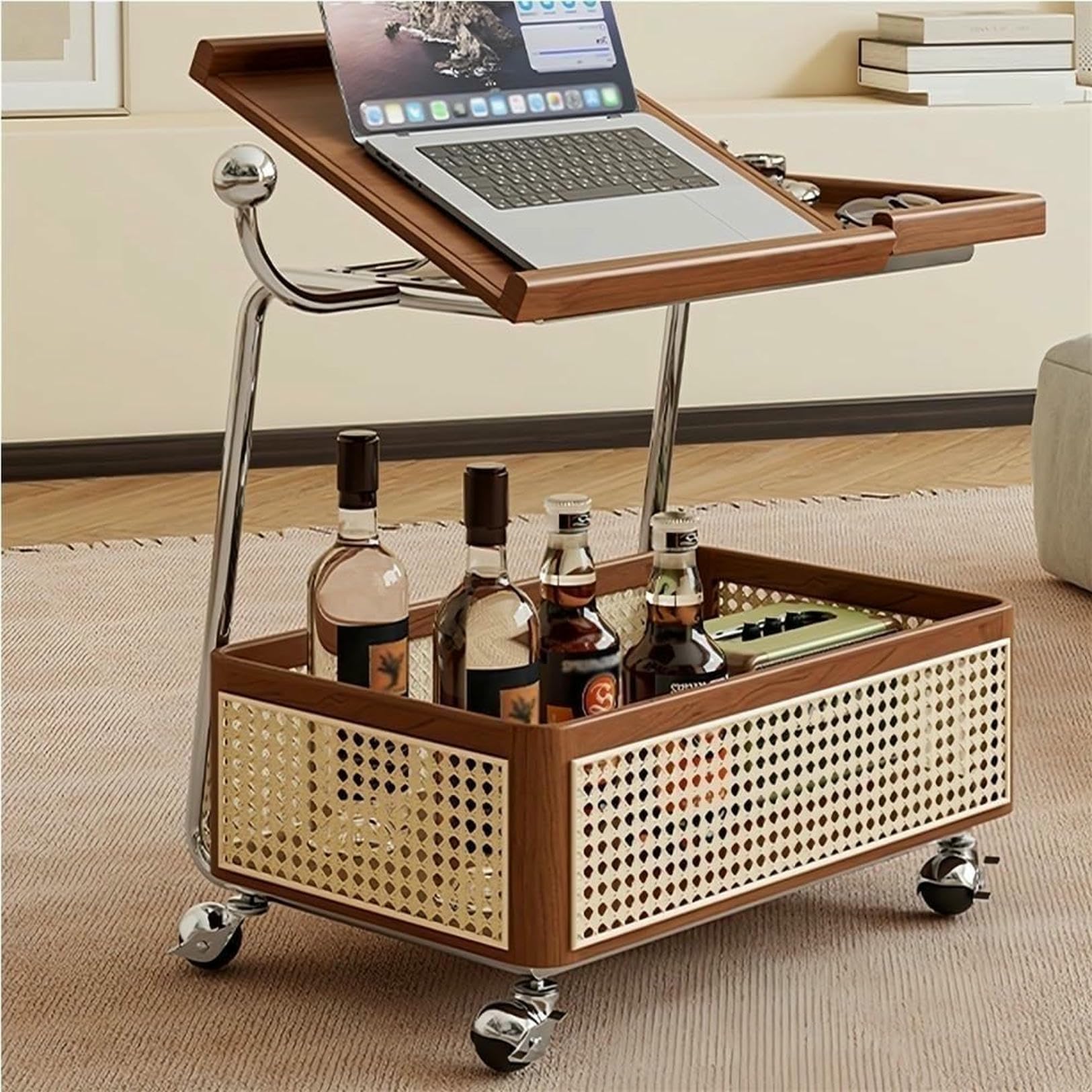 Eiwitany Adjustable Top C-Frame Rolling Side Table Equipped with Rattan Storage Basket, Mobile End & Coffee Table for Living Room (Brown)