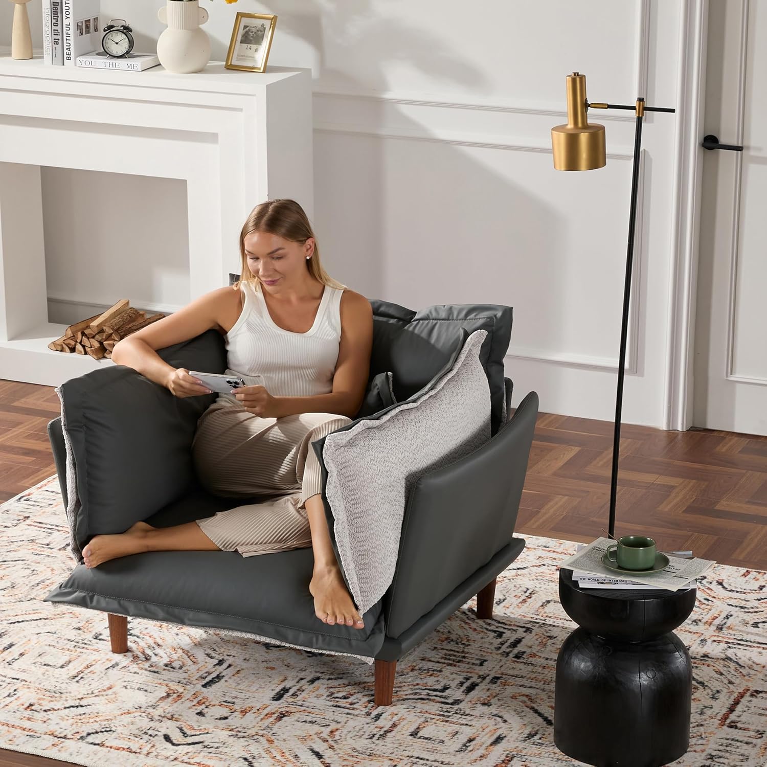 Oversized Armchair Accent Chair Reading Chair with 4 Cushions,Single Sofa Lounge Living Room Chair with Feather and Doll-Cotton,43.5' Width,21.3'' Seat (Blue Gray)