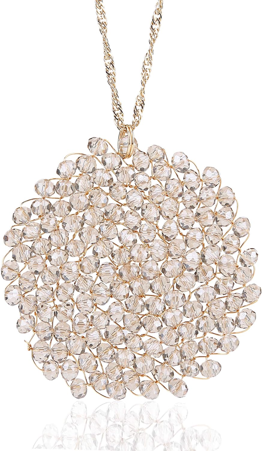 Niumike Handmade Crystal Circle Pendant Necklace for Women Disc Long Statement Necklaces with Box