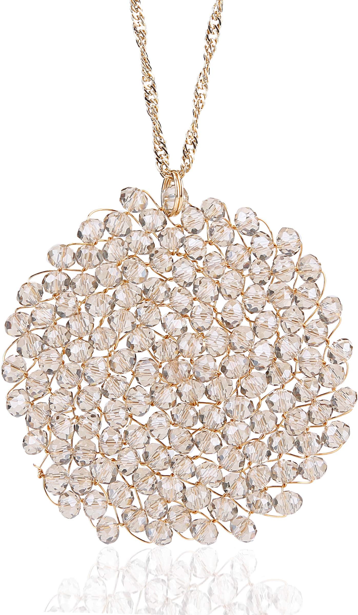 Handmade Crystal Circle Pendant Necklace for Women Disc Long Statement Necklaces with Box