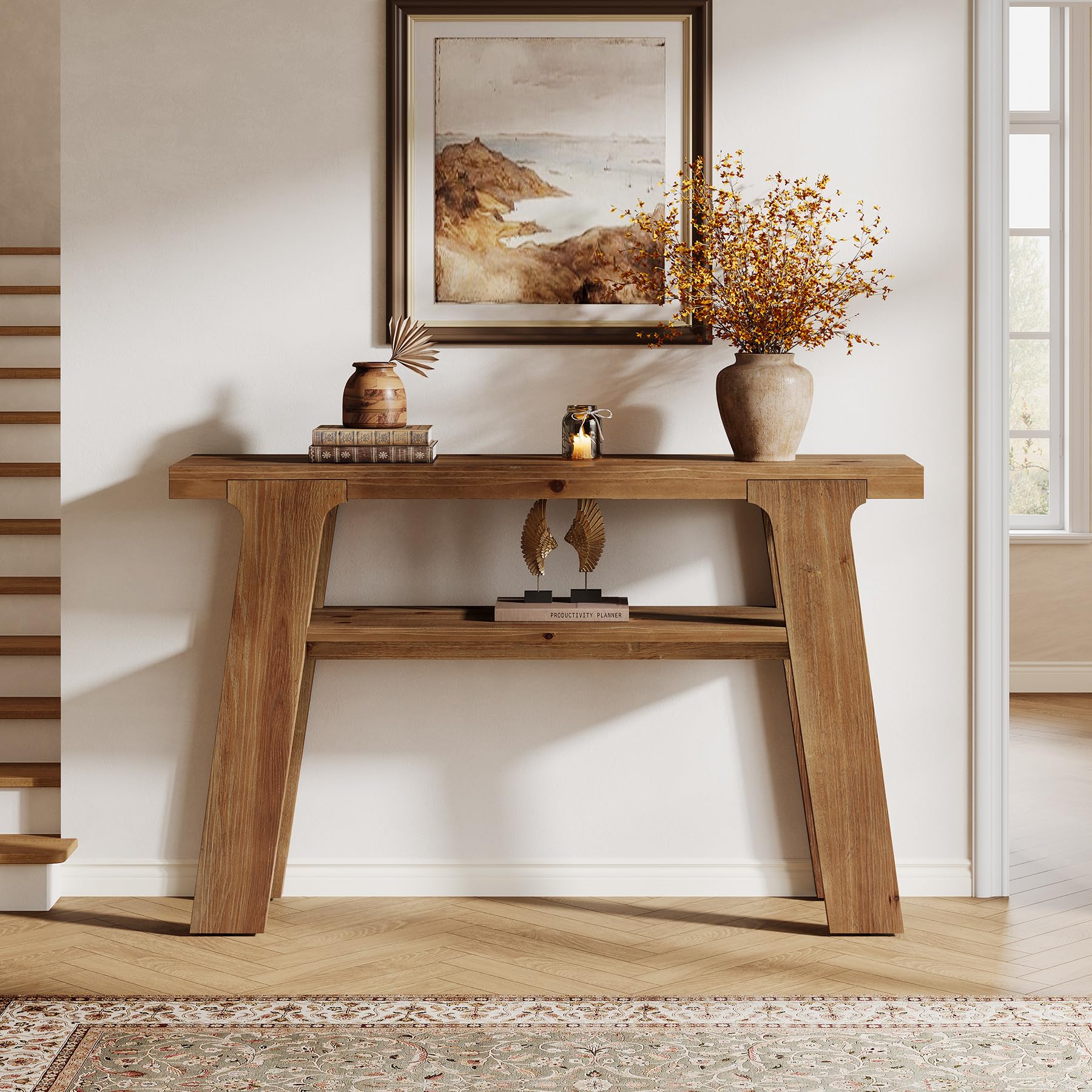 Table Console en Bois Massif, 120 x 30 x 80 cm, Console étroite de Style Champêtre avec 2 étagères, pour un Couloir, Derrière un Canapé, Dans un Salon ou une Entrée, Montage Facile