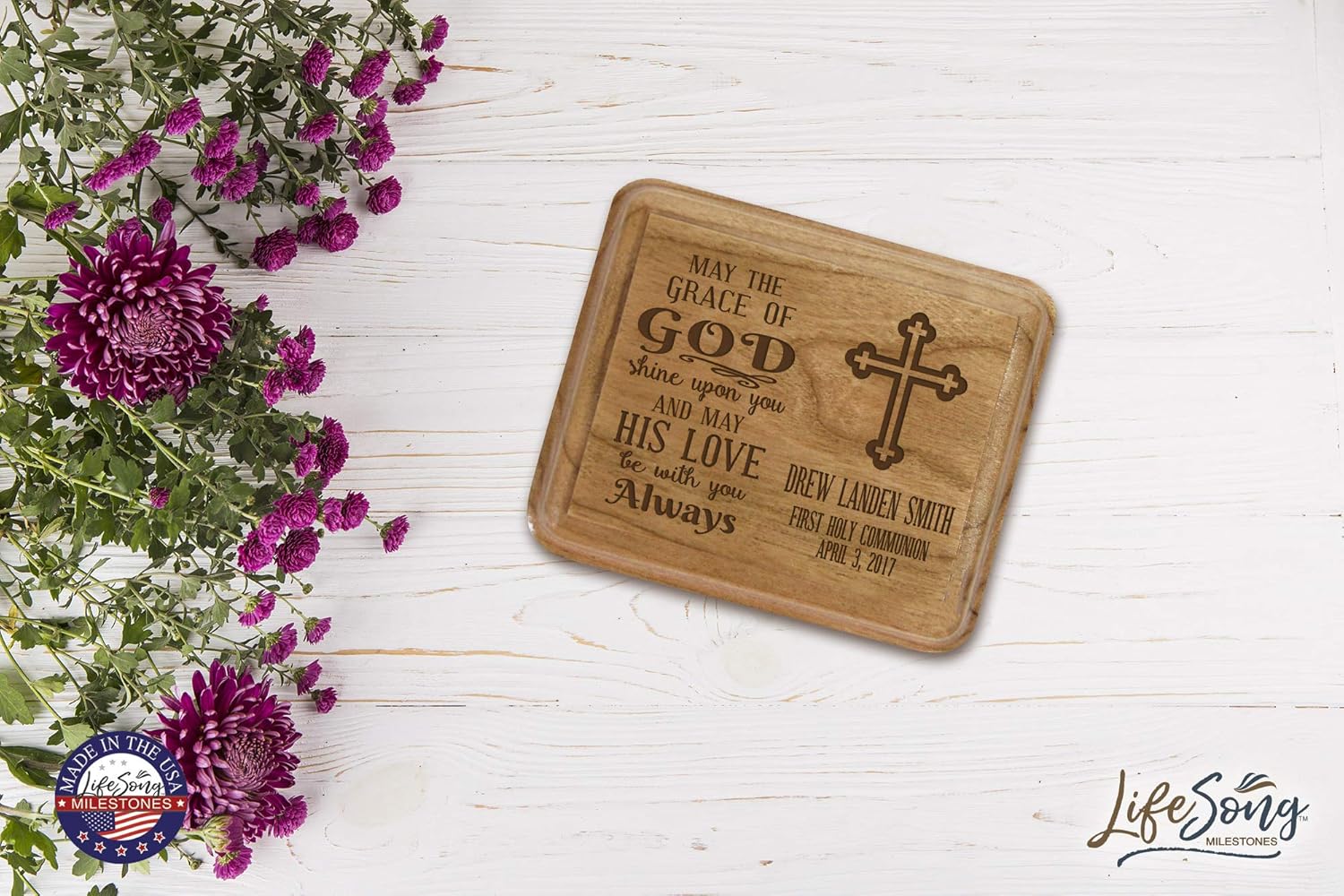 LifeSong Milestones Personalized 1st Holy Communion Keepsake Box May the grace of God shine upon you Custom Sacraments Baptism gifts (May the Grace)