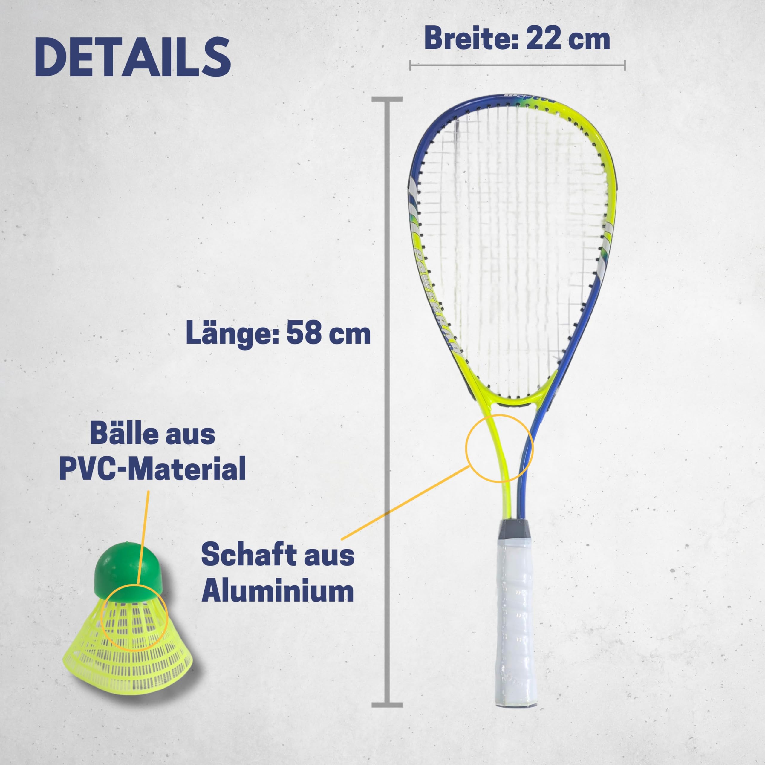 BEST SPORTING Power Badminton - Set di volani con 2 racchette blu/verde e 3 palline gialle neon, per adulti e bambini