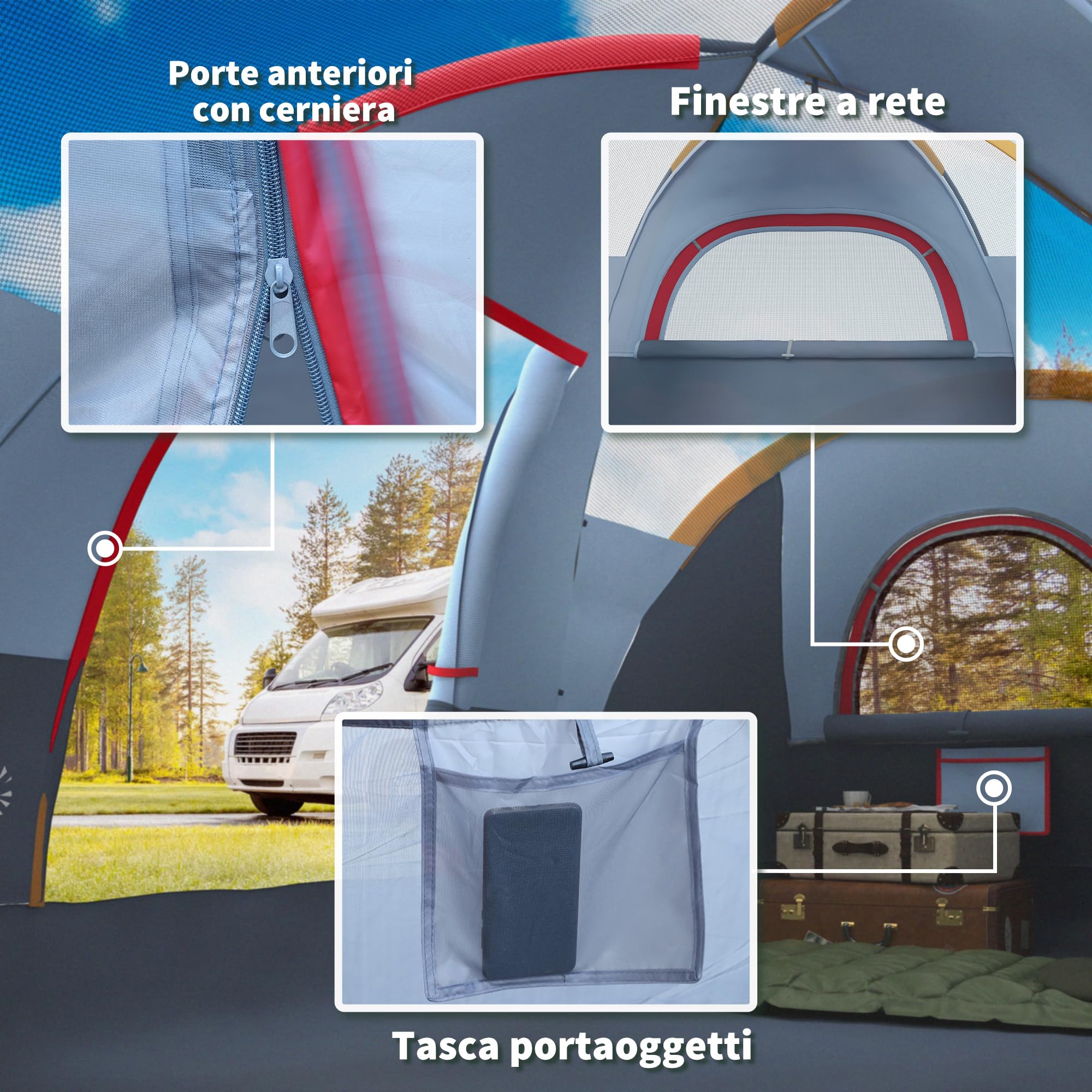 Outsunny Tenda da Campeggio 4-6 Posti Idrorepellente 3000mm Protezione UV, Tenda Famigliare Finestre Pali Fibra di Vetro 4.55x2.3x1.8 m