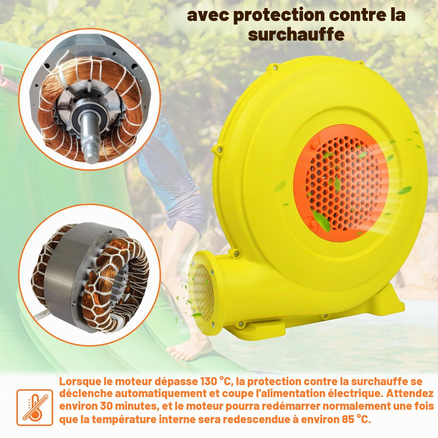 Froadp Ventilateur d'air portable Pompe gonflable électrique 2100Pa Faible Bruit Souffleur jeu gonflable Jaune+Orange