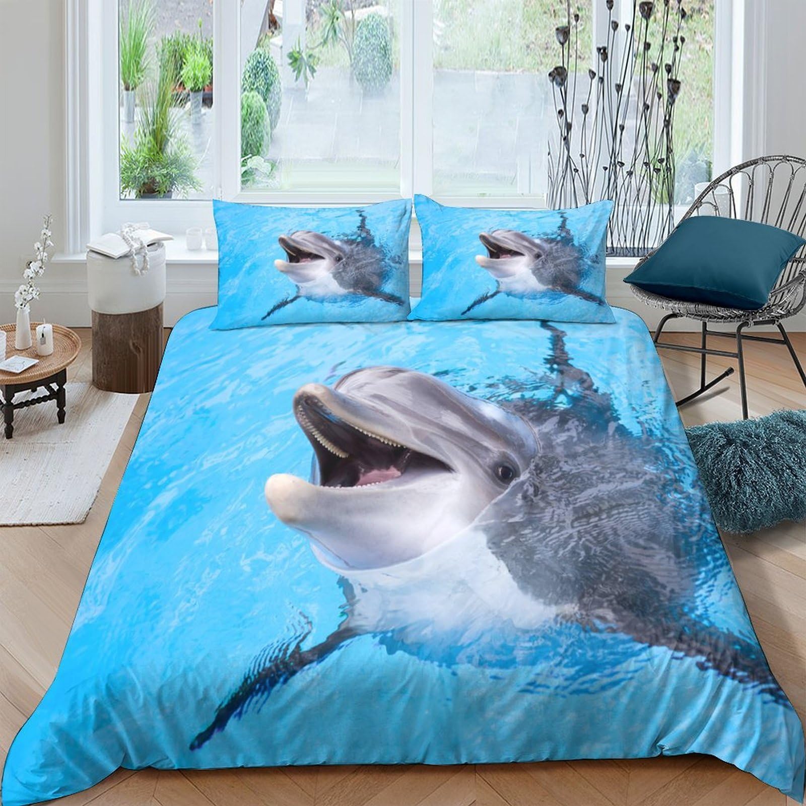 GPLZQXKJNH 3D Printed Dolphin Ocean Duvet Cover Microfiber Soft Bedding Set Water Splash Quilt Cover with 2 Pillowcases for Bedroom Decor Single（135x200cm）