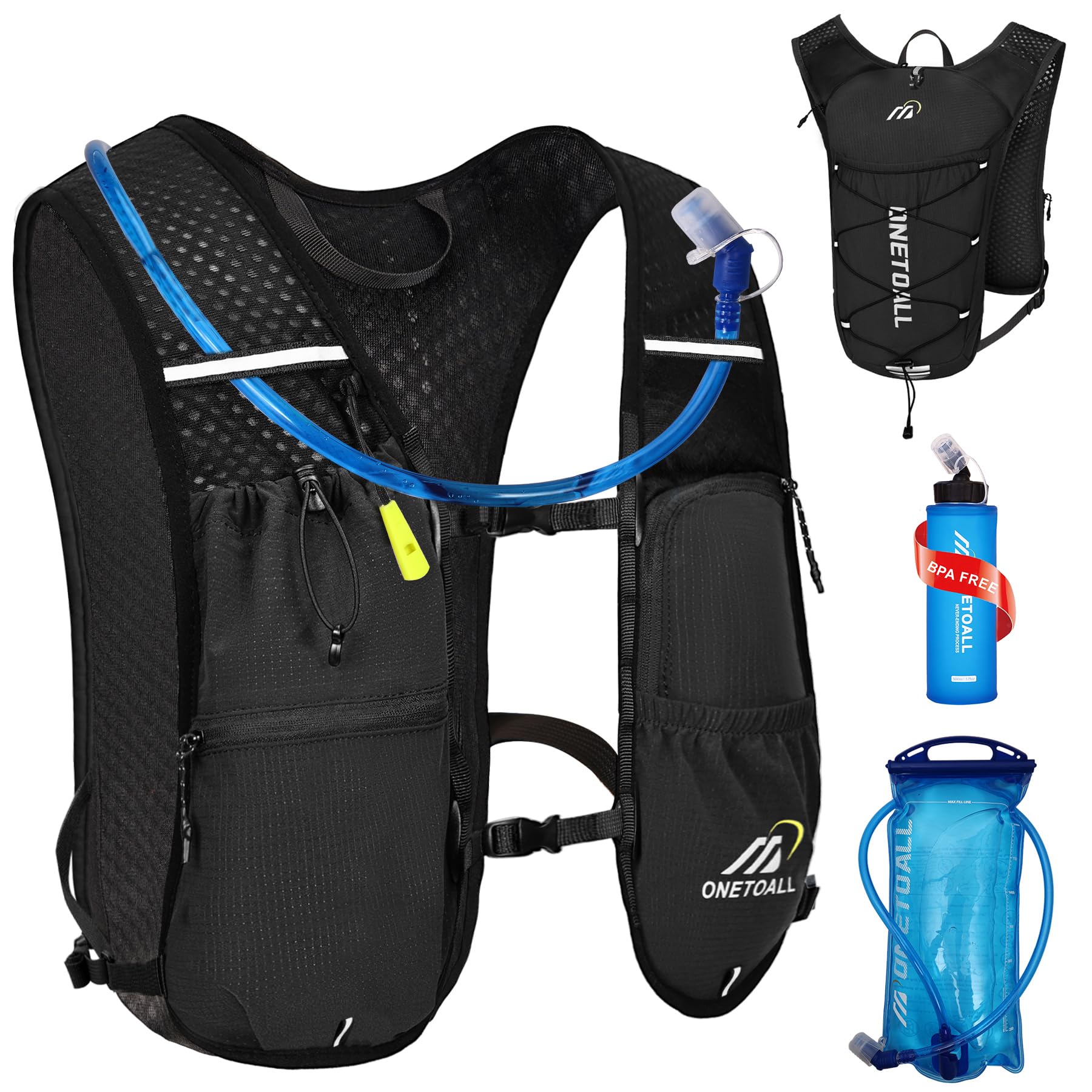 ONETOALL Running Vest Women with Water Bottle 500ml & Bladder 2L, 6L Reflective Hydration Backpack Mens, Lightweight 150g for Trailrunning Hiking Marathon, Black with Soft Flask and Water Bladder โ image 1