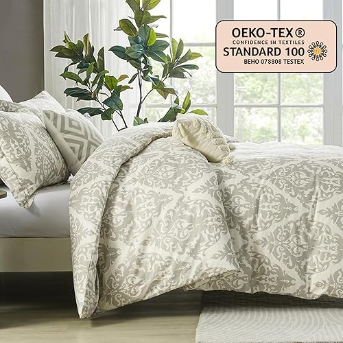 Miniatura 3 de DUOMING Juego de funda de edredón de algodón tamaño Queen, 100% algodón, juego de funda nórdica de damasco de 3 piezas para todas las estaciones,
