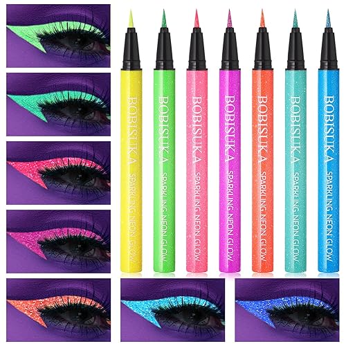 BOBISUKA UV Shimmer Glow Liquid Eyeliner Set, 7 Colors Glitter Neon Colored Eyeliners Pen, Colorful Waterproof Pigmented Graphic Liners, Metallic Eye Makeup Kit for Rave Accessories Party - UV Sparkling Eyeliner Kit