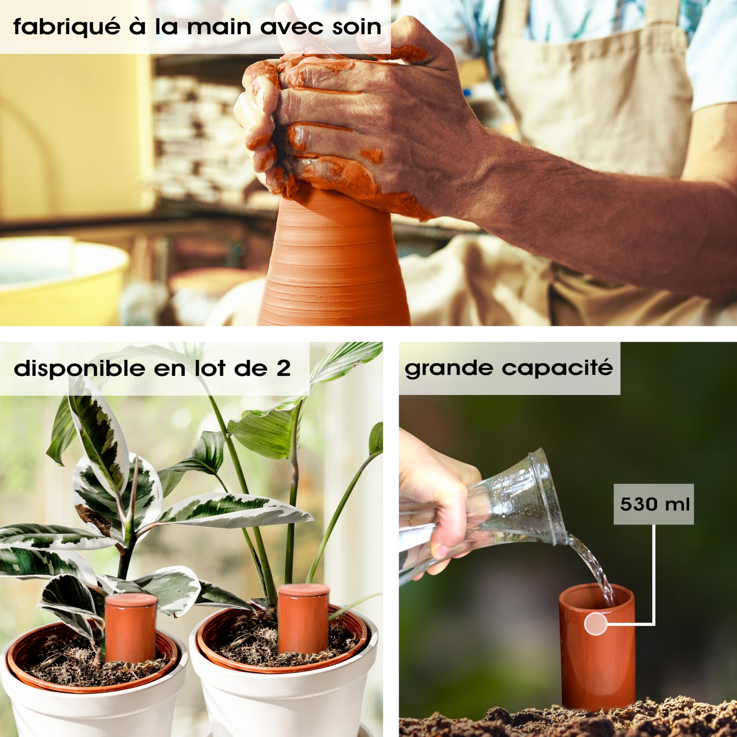 Arrosoir en terre cuite (2 x 530 ml) fait à la main pour arroser les plantes d'intérieur | Indicateur de niveau d'eau pour plantes | Watering can | Arrosoir pour plantes d'intérieur