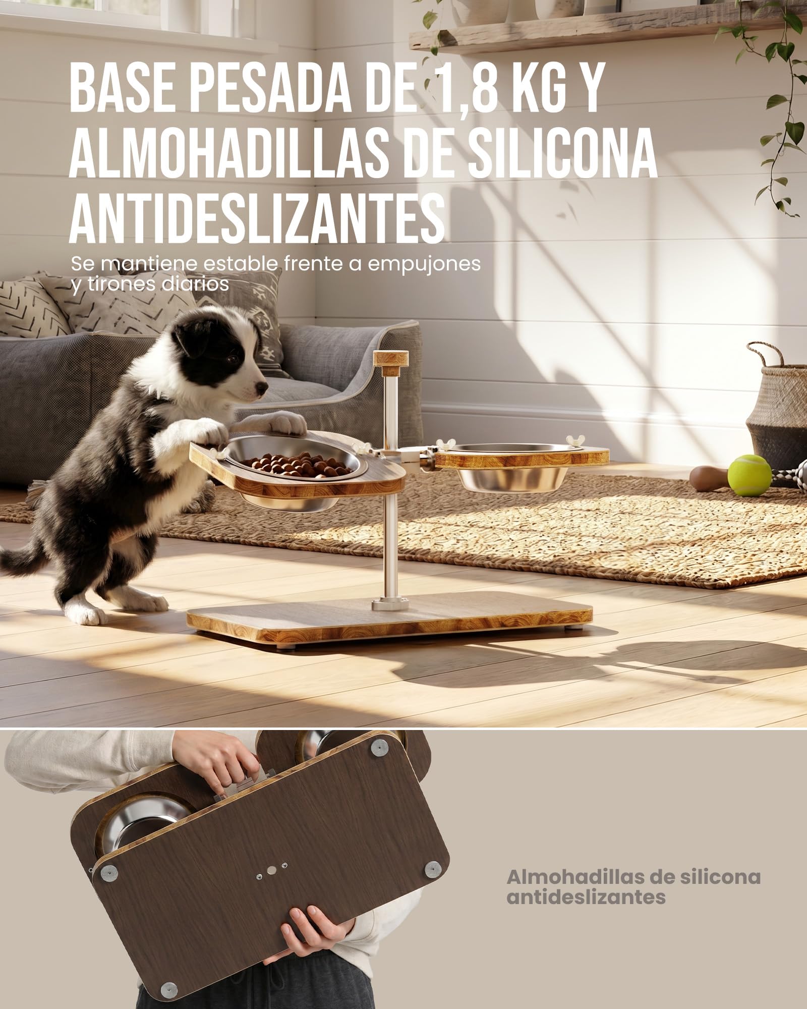 kittyspout Comedero Elevado para Perros con Altura e inclinación Ajustables | Soporte de madera FSC clase E0, 2 cuencos de acero inoxidable aptos para lavavajillas, base antideslizante