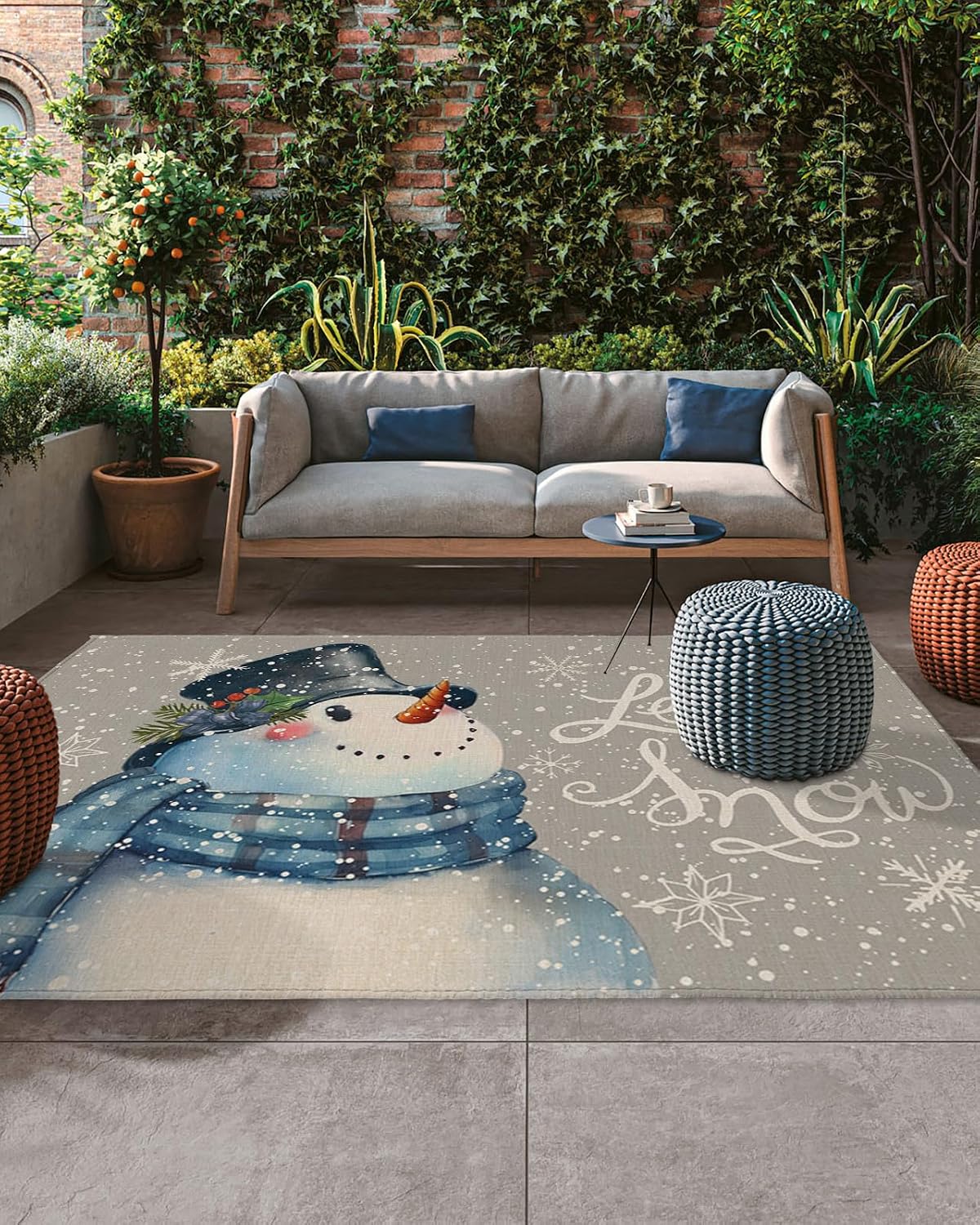 Outdoor Rug, Christmas Snowman Snowflake Scarf Holly Pine Needle Winter Grey Absorbant Non-Slip Area Rugs Mat Carpet for Patio Balcony Porch Backyard Deck Rv Camping 4x6 ft