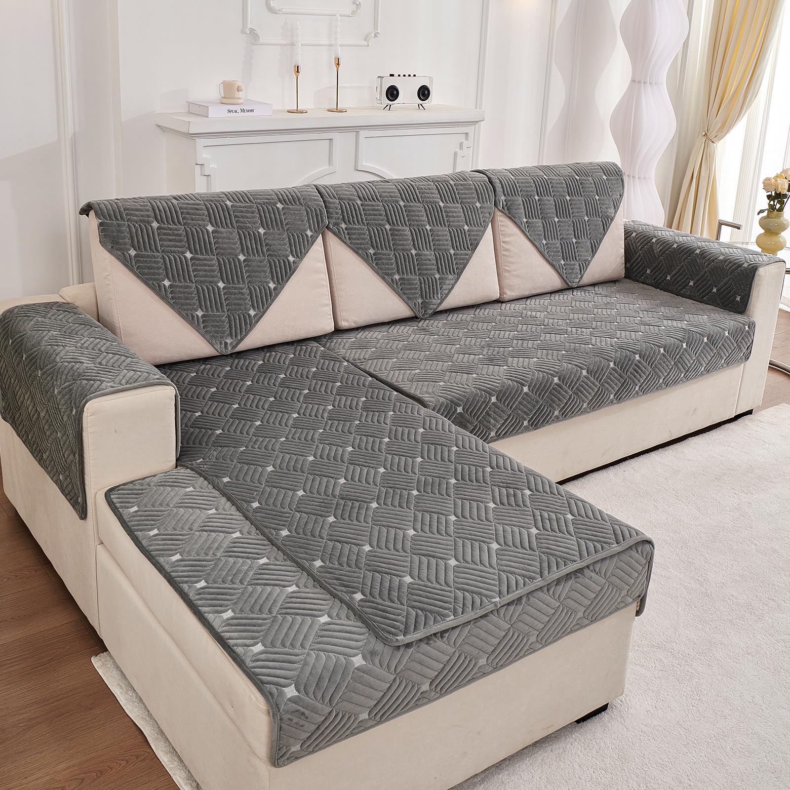 TEWENE, Sectional Couch Cover Velvet Sofa Cover Anti-Slip L Shaped Couch Cover Sectional Sofa Cover for Dogs Couch Cover 2 Cushion Couch Cover for Sofa 3 Seats Sofa Seat Cover - 1 Pc 36''x82'' Size