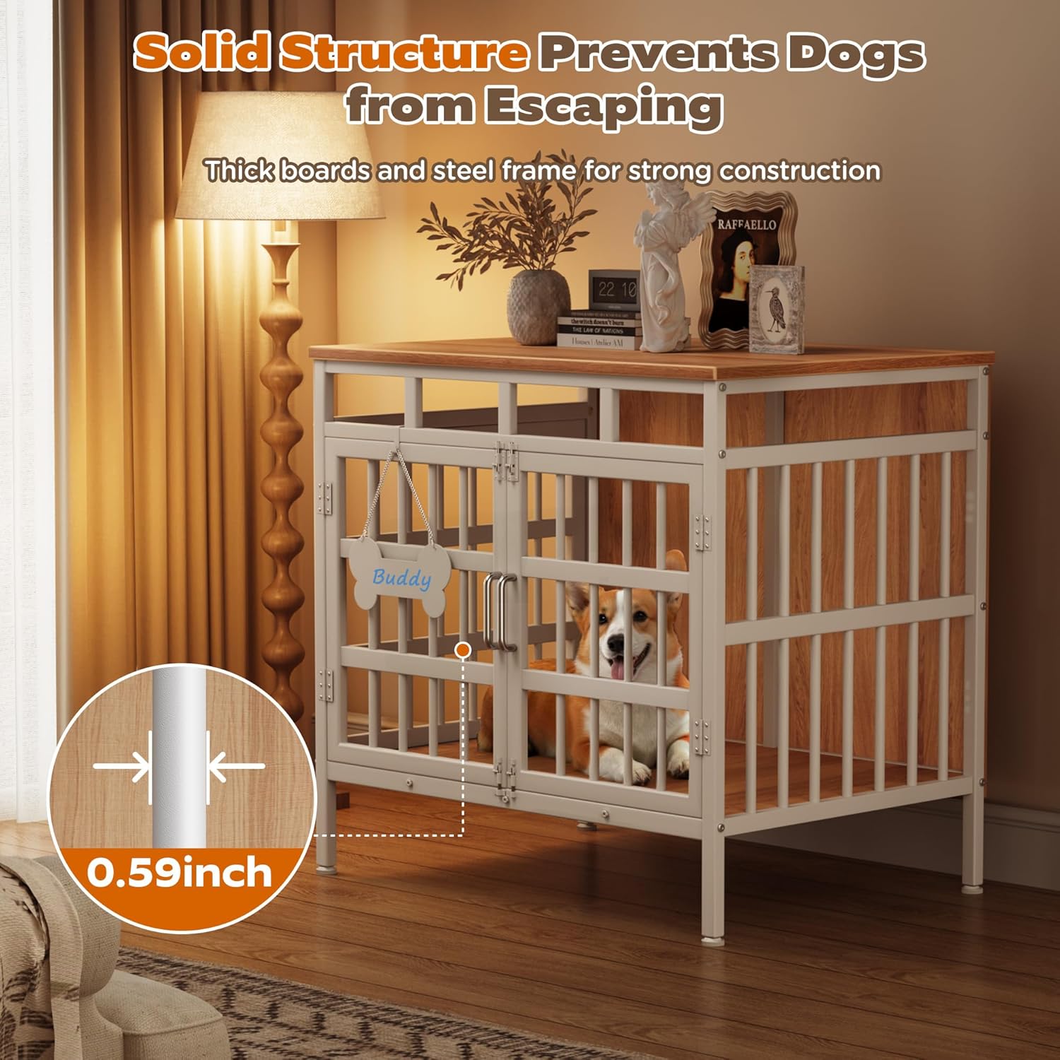 29 Inch Dog Crate Furniture, Heavy Duty Dog Kennel for Small or Medium Dogs, Double Doors Indoor Decor Pet House Cage, Anti Escape Wooden Dog Cage with Name Tag End Table, TV Stand, Beige