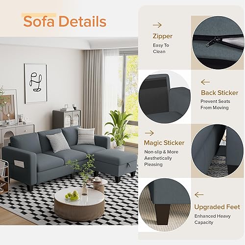 Miniatura 6 de ZeeFu Sofá modular convertible, sofá clásico en forma de L de 3 asientos con otomana móvil, moderno sofá seccional tapizado de tela de terciopelo