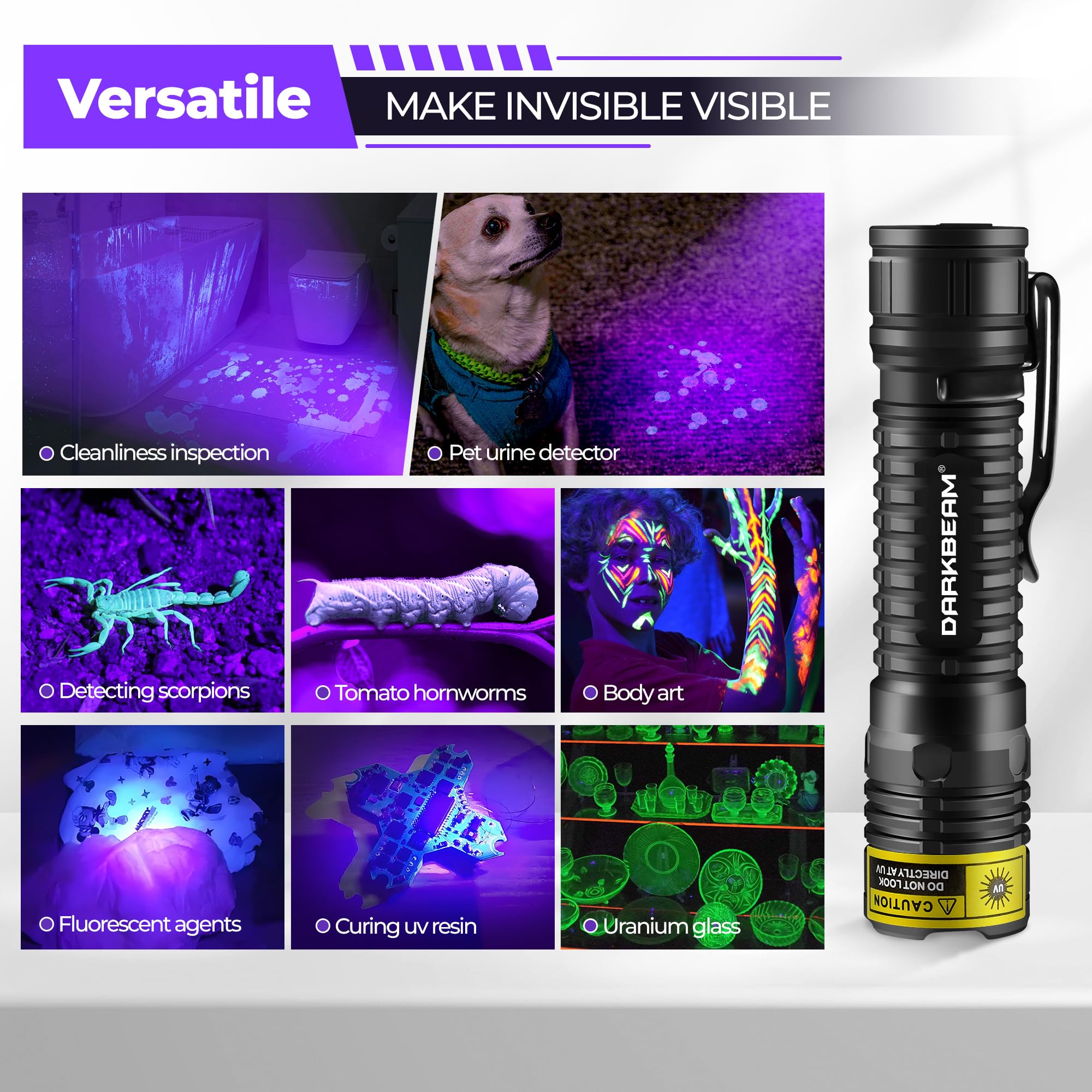 DARKBEAM Torcia UV 395nm LED Torce Luce Nera Ultravioletta, Lampada di Wood Mini ma potente Portatile USB -C Ricaricabile, Rivelatore di urina per Cane, per vetro Uranio, Macchie, Ambra, Resina