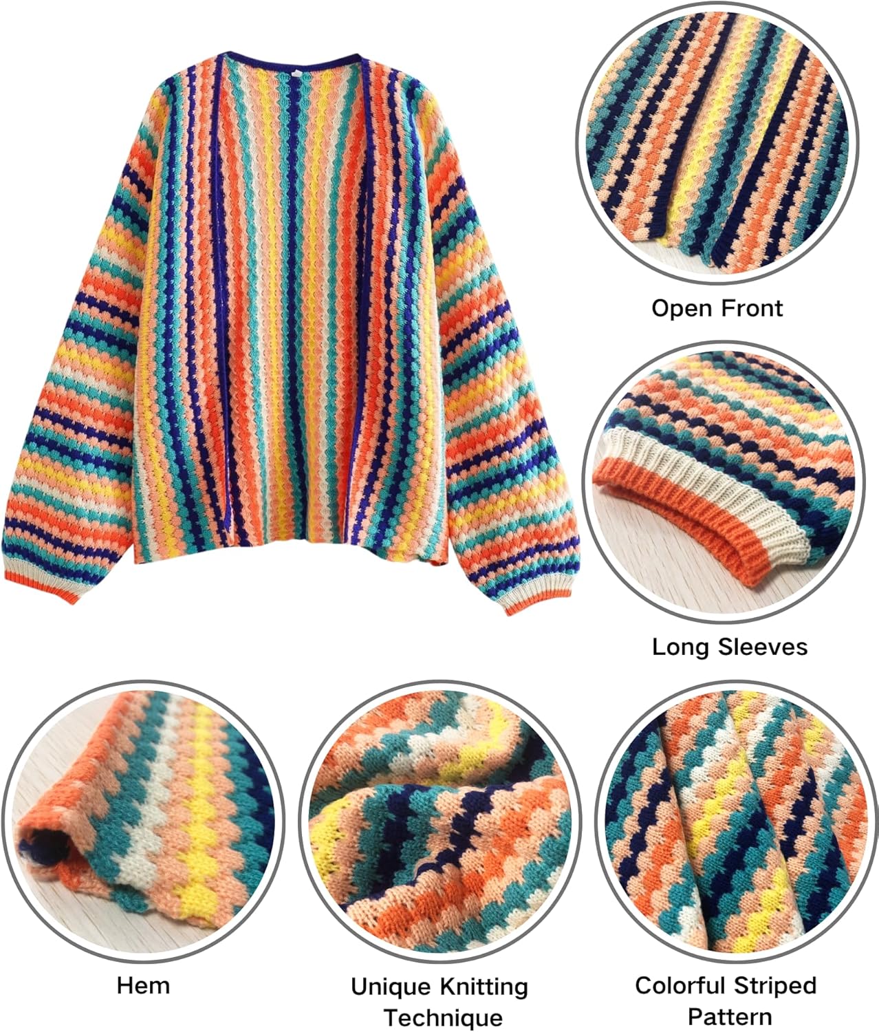 CORIRESHA Women's Rainbow Cardigan Open Front Long Sleeve Boho Crochet Colorful Striped Sweater