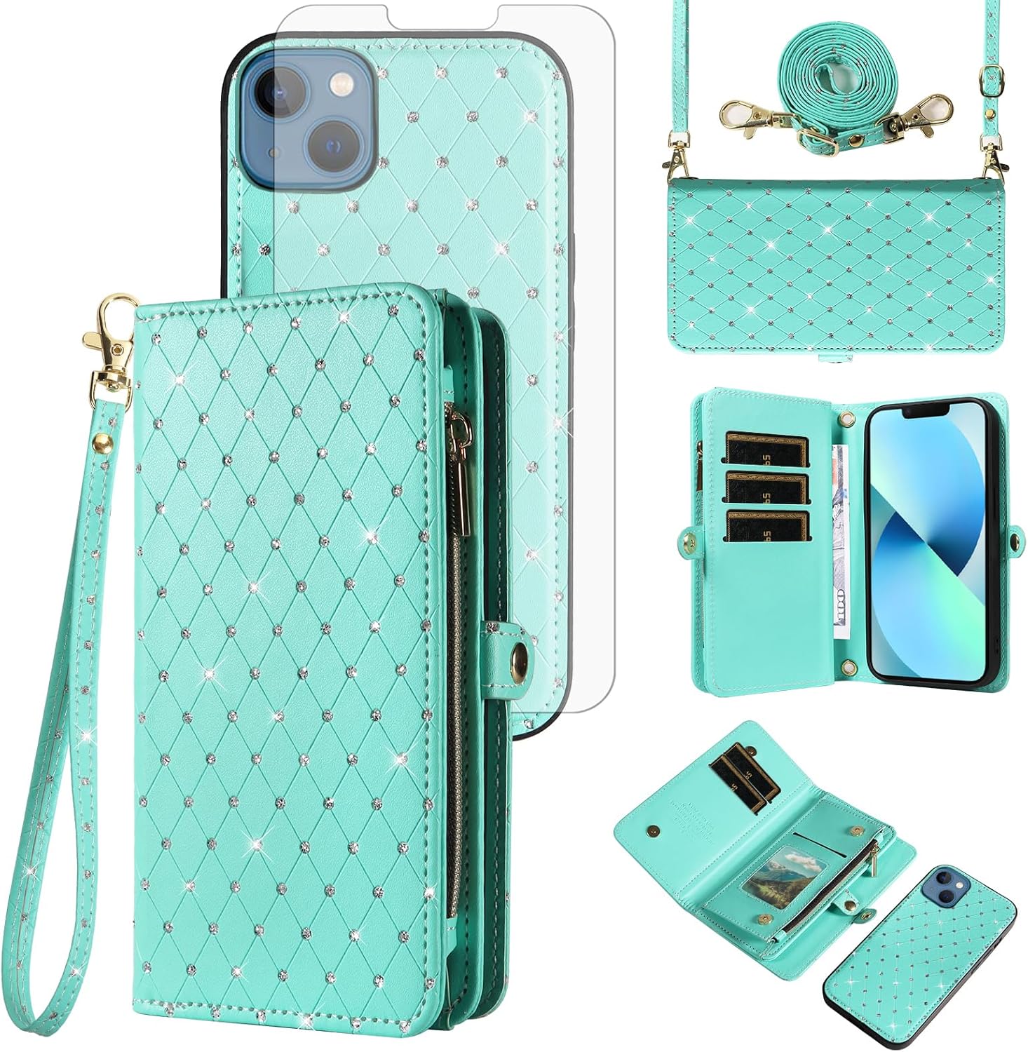 Asuwish Phone Case for iPhone 13 Mini 5.4 inch Zipper Wallet Cell Cover with Screen Protector Crossbody Strap Glitter Flip Card Holder Slot iPhone13mini i-Phone 13minicase i iPhone13 13mini Women Teal