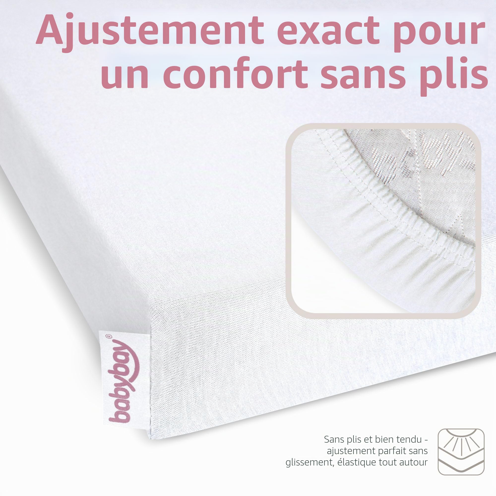 Drap–housse jersey babybay deluxe double pack adapté aux modèles Maxi, Midi, Boxspring, Comfort et Comfort Plus, blanc, 89 x 50 cm (pack double)