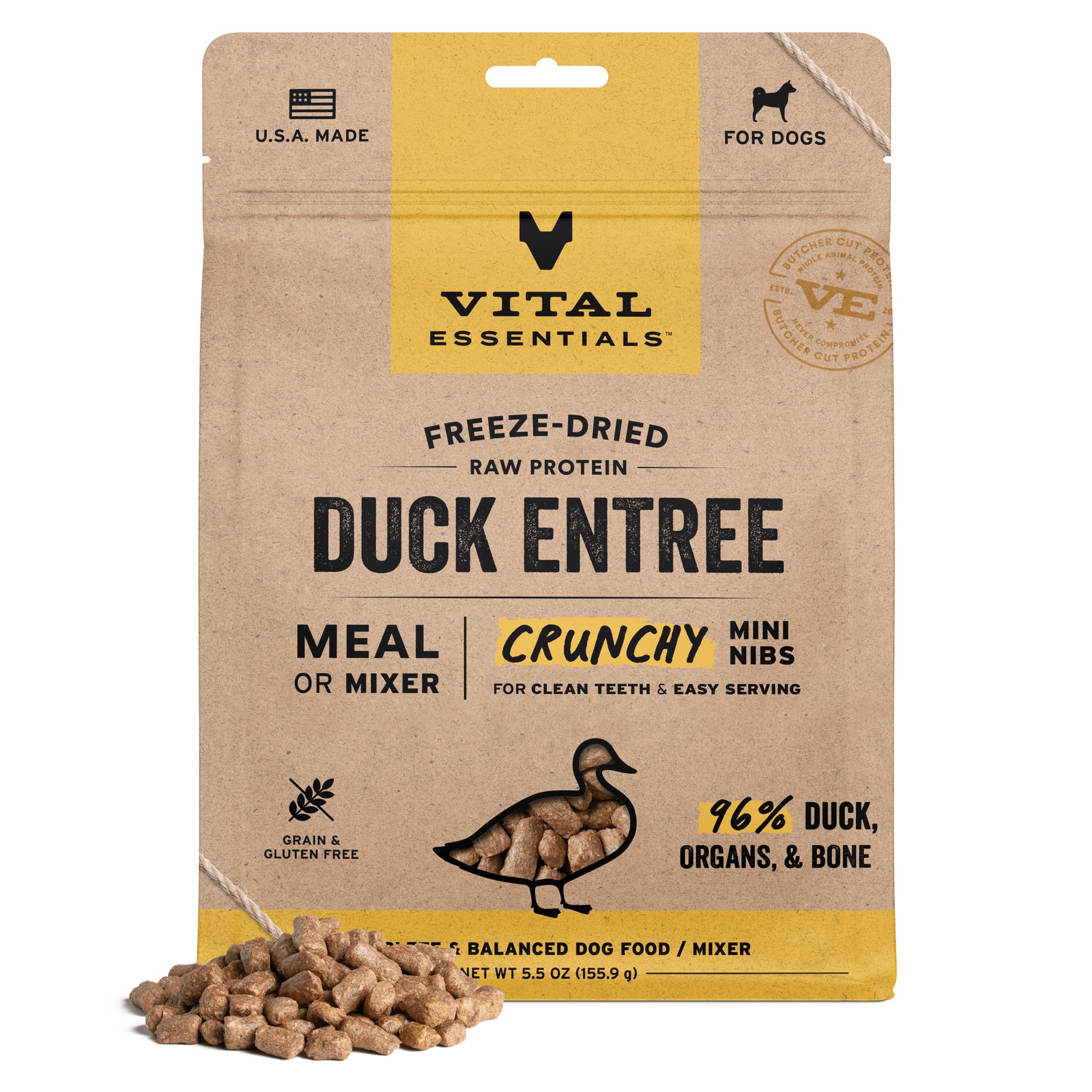 Vital Essentials Freeze Dried Dog Food, Duck Mini Nibs, 5.5 oz Bag