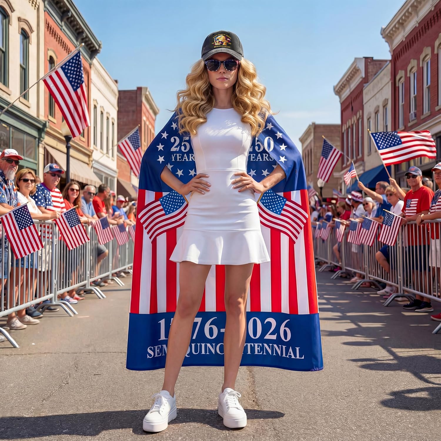 American Flag Cape Costume Set – 250th Anniversary USA Patriotic Accessories, Retro Flag Sunglasses, Embroidered USA Hat, Patriotic Tattoo, Small Flags, 4th of July Costume, Olympic Outfit