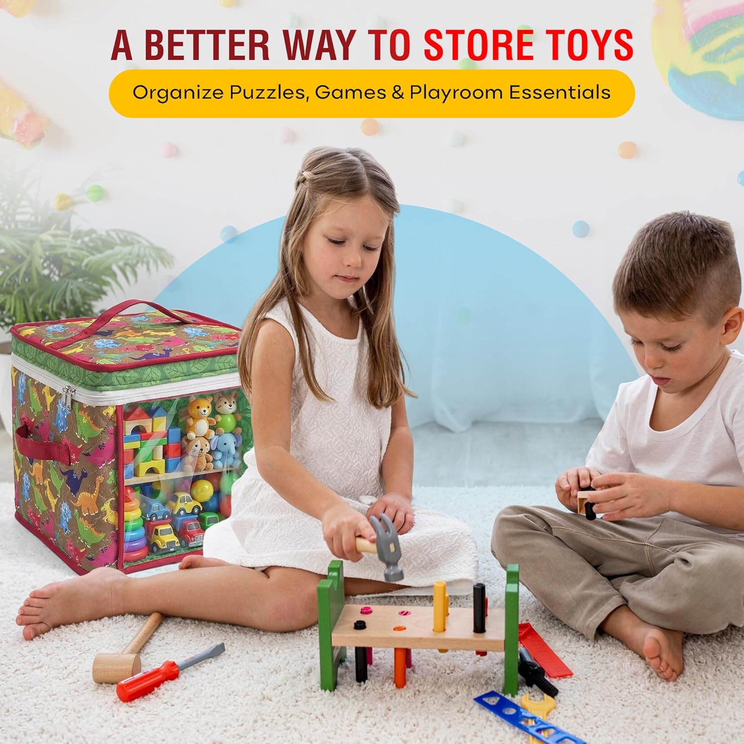 12" Zipper Toy Storage Bag, Quilt Pattern Cloth Cube, Reusable,Clear Bag, Playroom, Bedroom & Puzzles Board Game Organizers And Storage Bin, Dinosaurs & Leaves Design