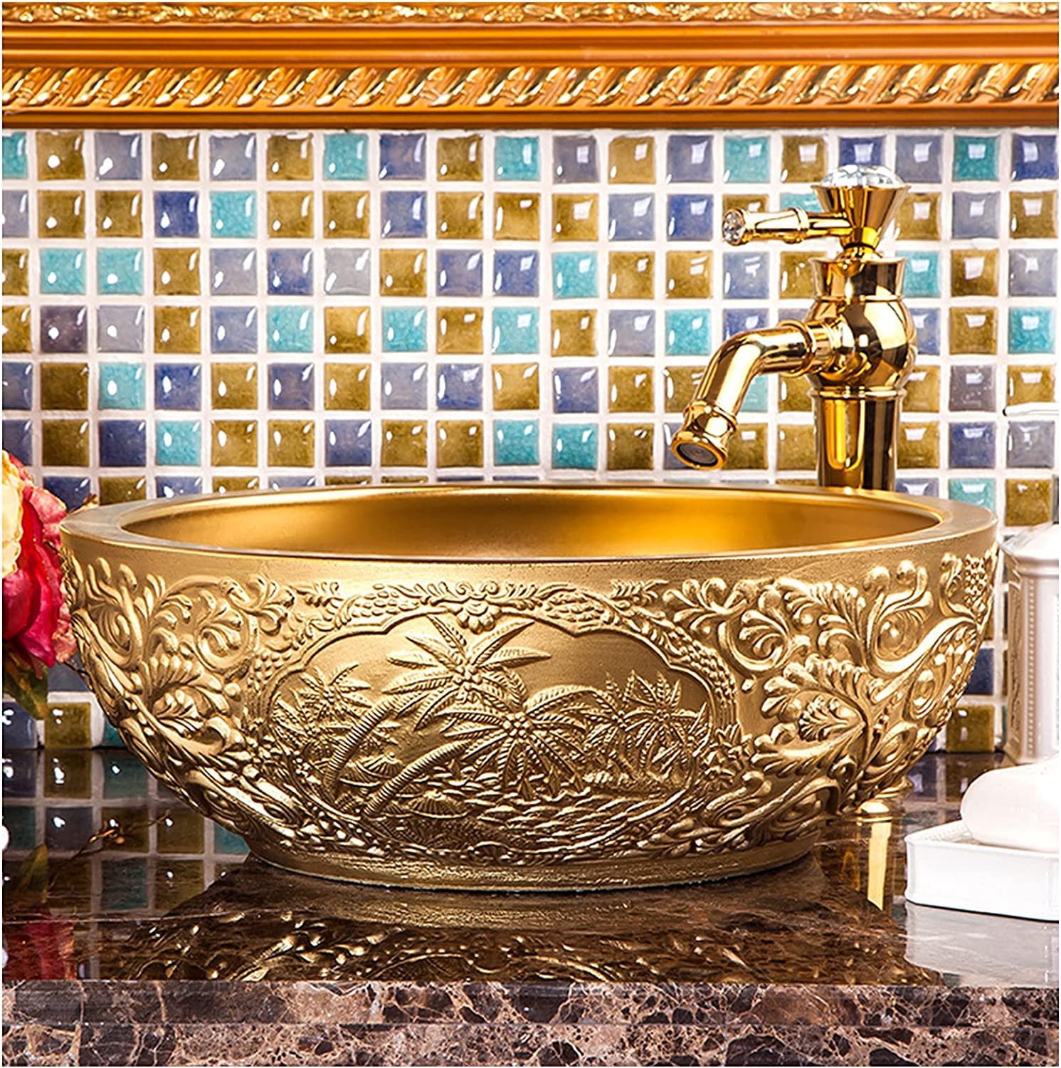 Gljtuo I Vessel Sinks, Bathroom Vessel Sink Luxury Hotel Art Sink Bathrooms Ceramic Wash Basin Round Vessel Sinks For Bathrooms Counter Top Mounted Round Vessel Sink No Overflow S,-One Size