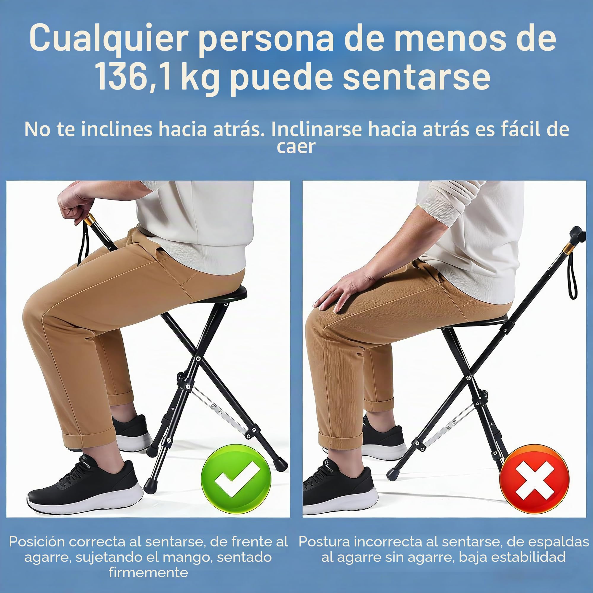 Bastón con asiento, capacidad de 120 kg, tabla de asiento grande en cinco posiciones de altura ajustable, caña y taburete de doble uso, bastón con asiento para adultos en reposo, personas mayores y