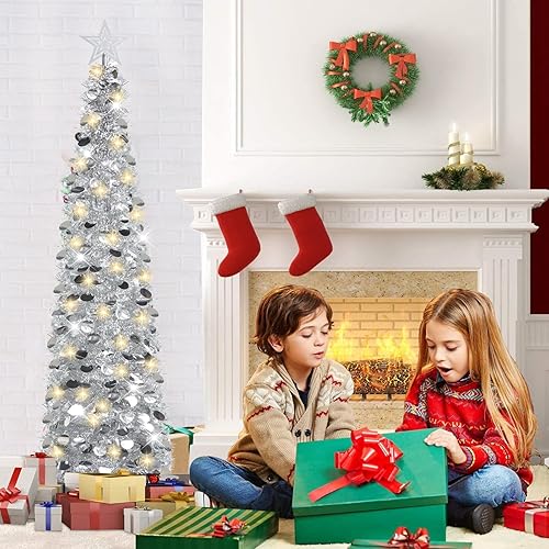 Miniatura 9 de HMASYO - Árbol de navidad de oropel con luces de 5 pies con lentejuelas artificiales, árbol de navidad para decoración en casa, oficina, chimenea,