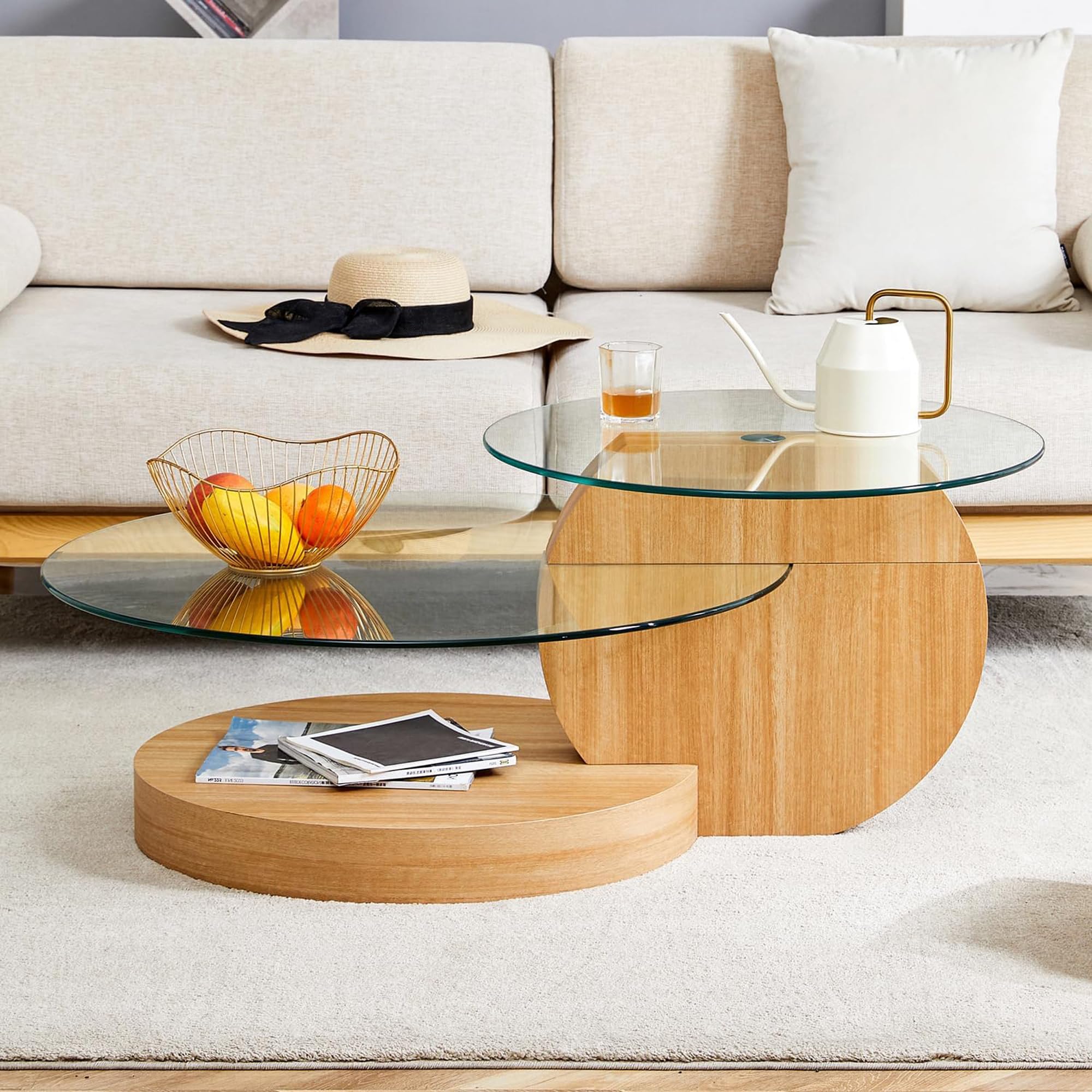 Glass Coffee Table, Modern Round Clear Coffee Tables for Living Room, 3-Tier Circle Tempered Coffee Table with Storage Wooden Side Table for Home