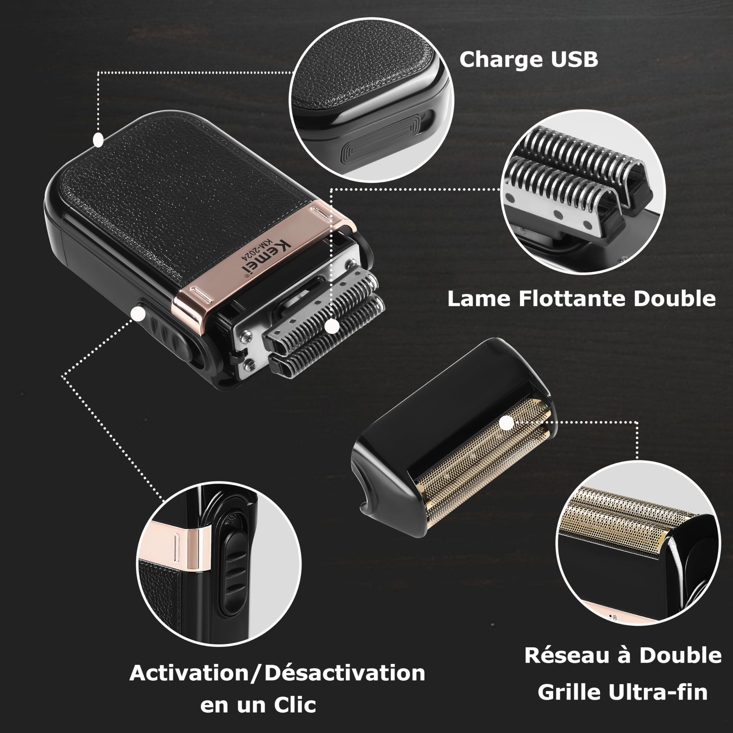 KEMEI Rasoir Électrique Sans Fil et Rechargeable pour Hommes, Idéal pour les Voyages, Shaver Humide et Sec, pour Couper les Cheveux et la Barbe, Cadeau pour Hommes