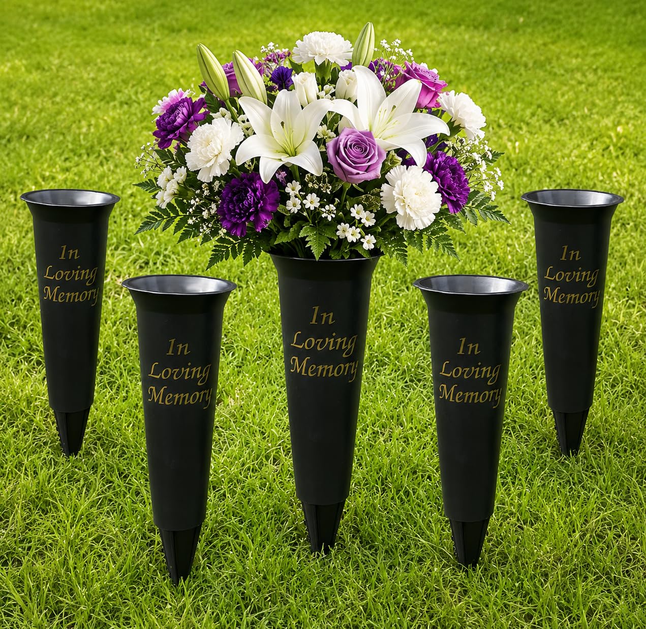 Set of 5 In Loving Memory Grave Vases -Strong Plastic Grave Ornaments in Black Colour, Grave Side Flower Holders and grave vases with spike for Fresh or Artificial Flowers. โ image 1