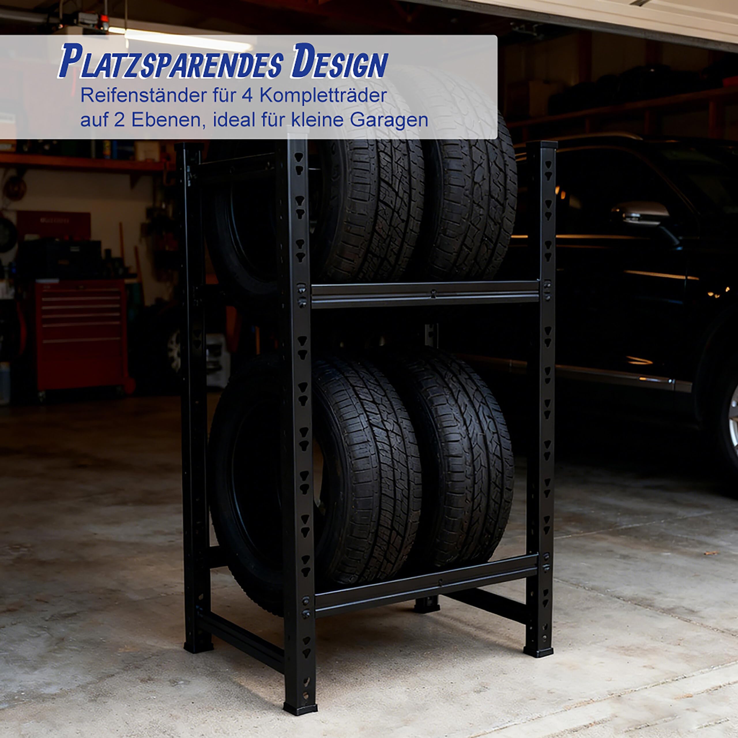 Relaxdays Reifenregal für 4 Reifen, HxBxT: 100 x 60 x 35 cm, 150 kg je Ebene, Räderregal, Stecksystem, Stahl, schwarz - 2