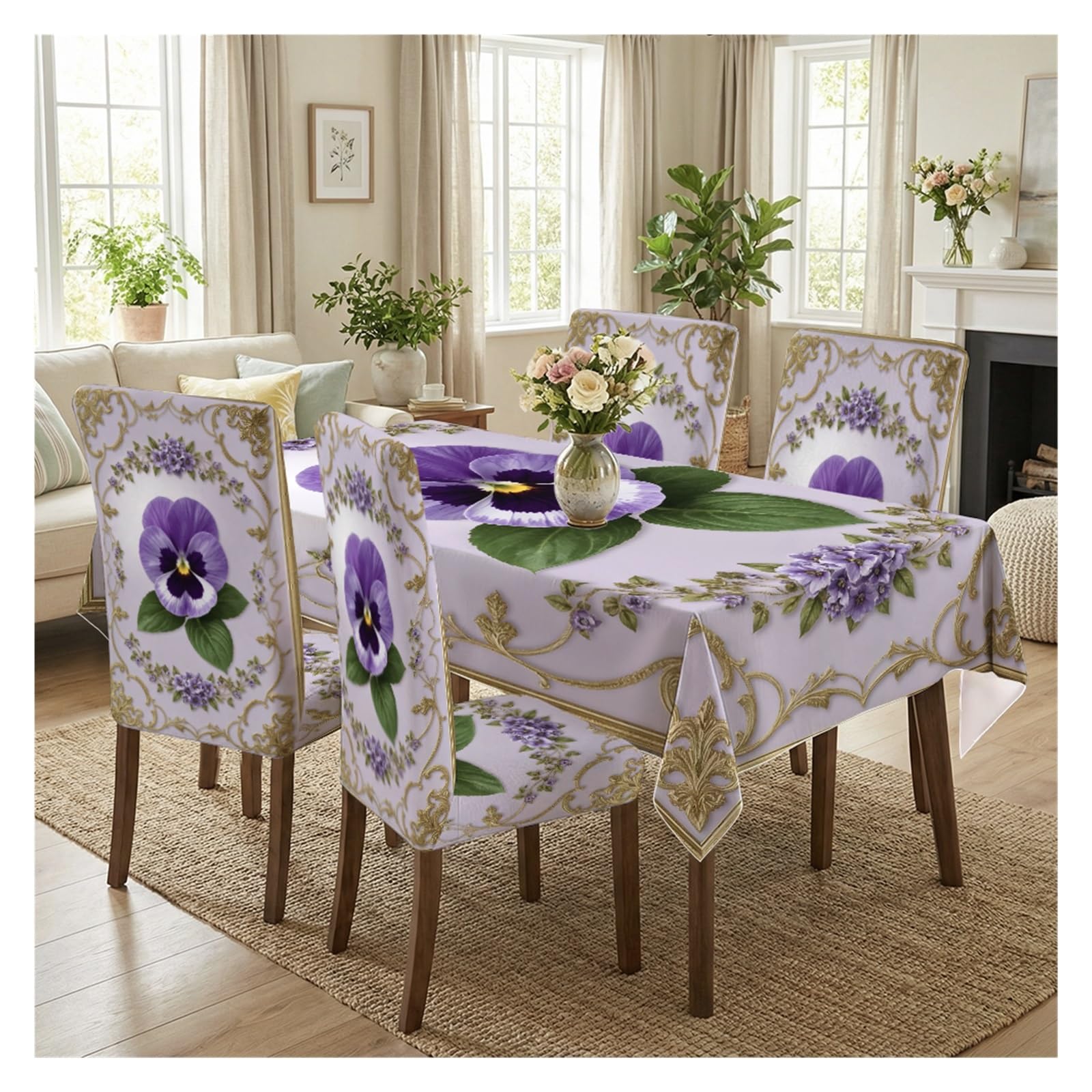 BOSUYBN Purple Pansy Golden Baroque Dining Tablecloth & Chair Covers Set, 5/7 Piece Elegant Vintage Royal Floral Home Decor Table Setting(5pcs Set: Tablecloth+Chair Covers)