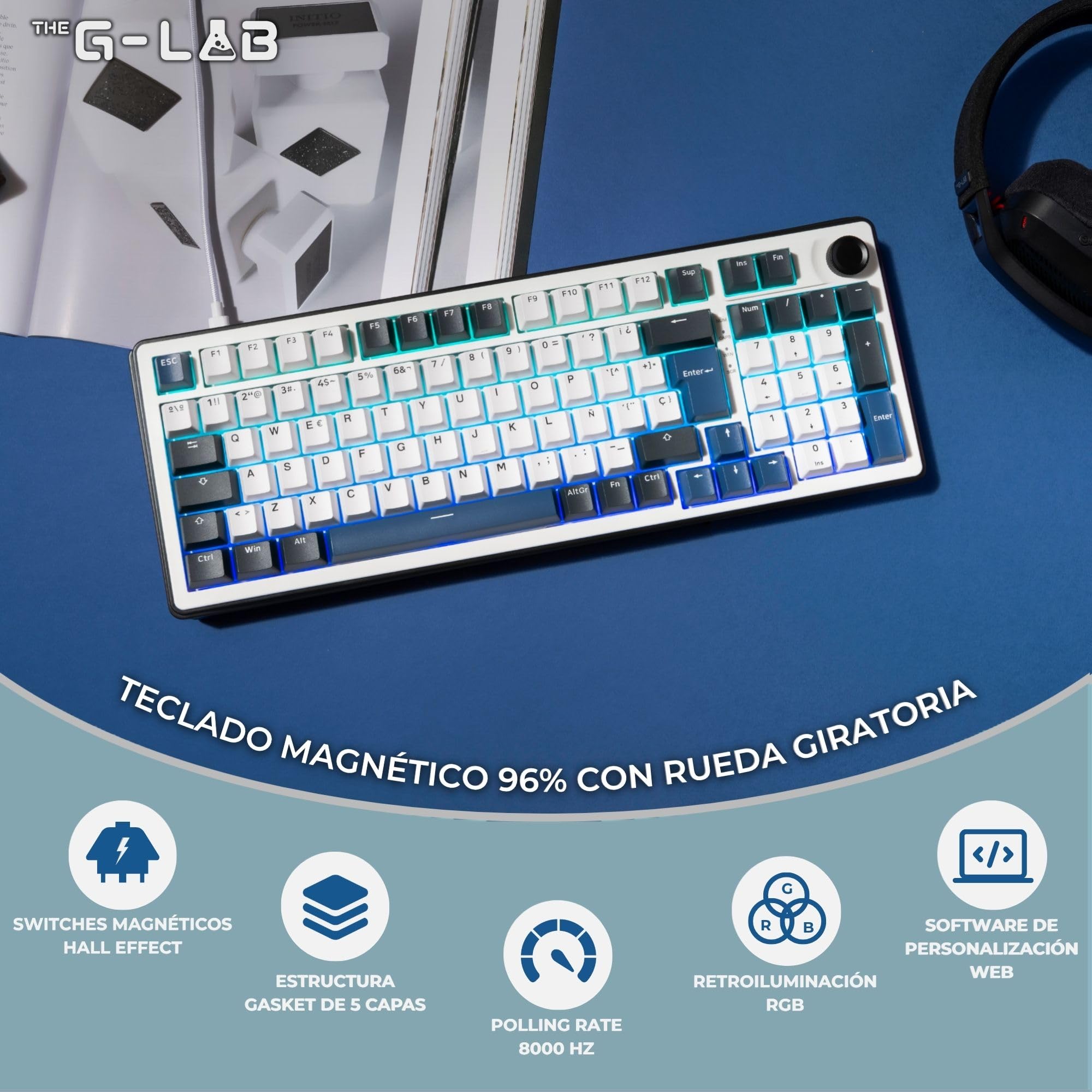 The G-Lab Keyz Elite 400 HE BW - Teclado Gaming Magnético 96% RGB | QWERTY ES con Ñ, Switch Magnético Hall Effect, Formato 96%, 8000 Hz Rapid Trigger, Hot Swap, RGB, Macros Personalizables
