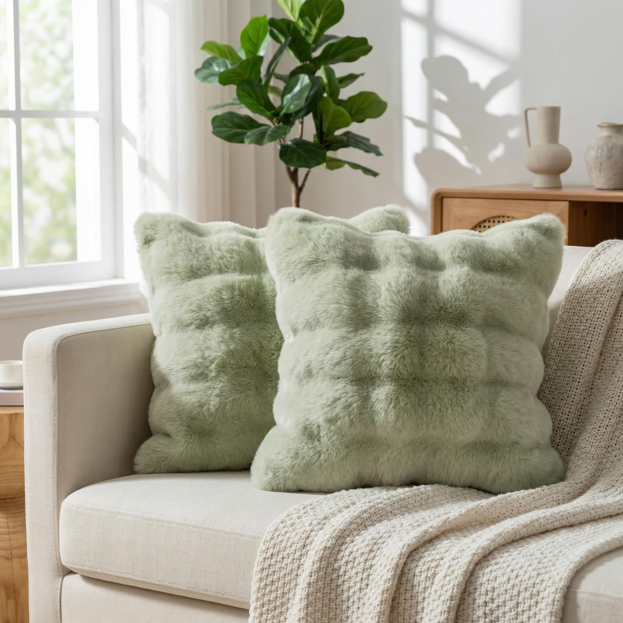 Neelvin Set of 2 Decorative Cushion Covers Thick Plush Wool Green Throw Pillow Covers 60x60 cm,24x24 Inches Pillowcase Plush fluffy for Couch Livingroom Sofa Bedroom โ image 1