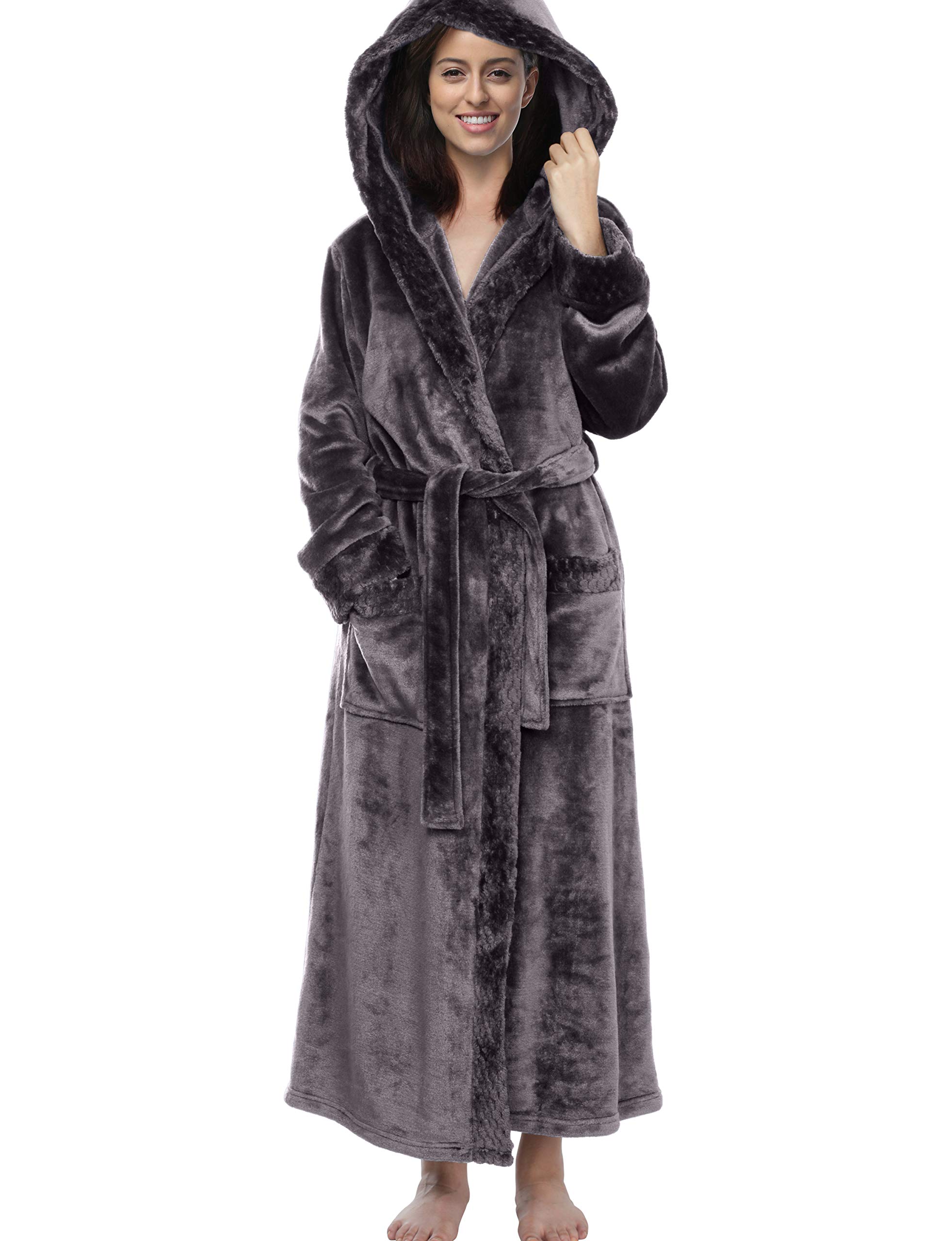 Women’s Soft Bathrobe, Long Winter Dressing Gown, Flannel, Sauna Robe With Shawl Collar, Pockets - Grey - Large