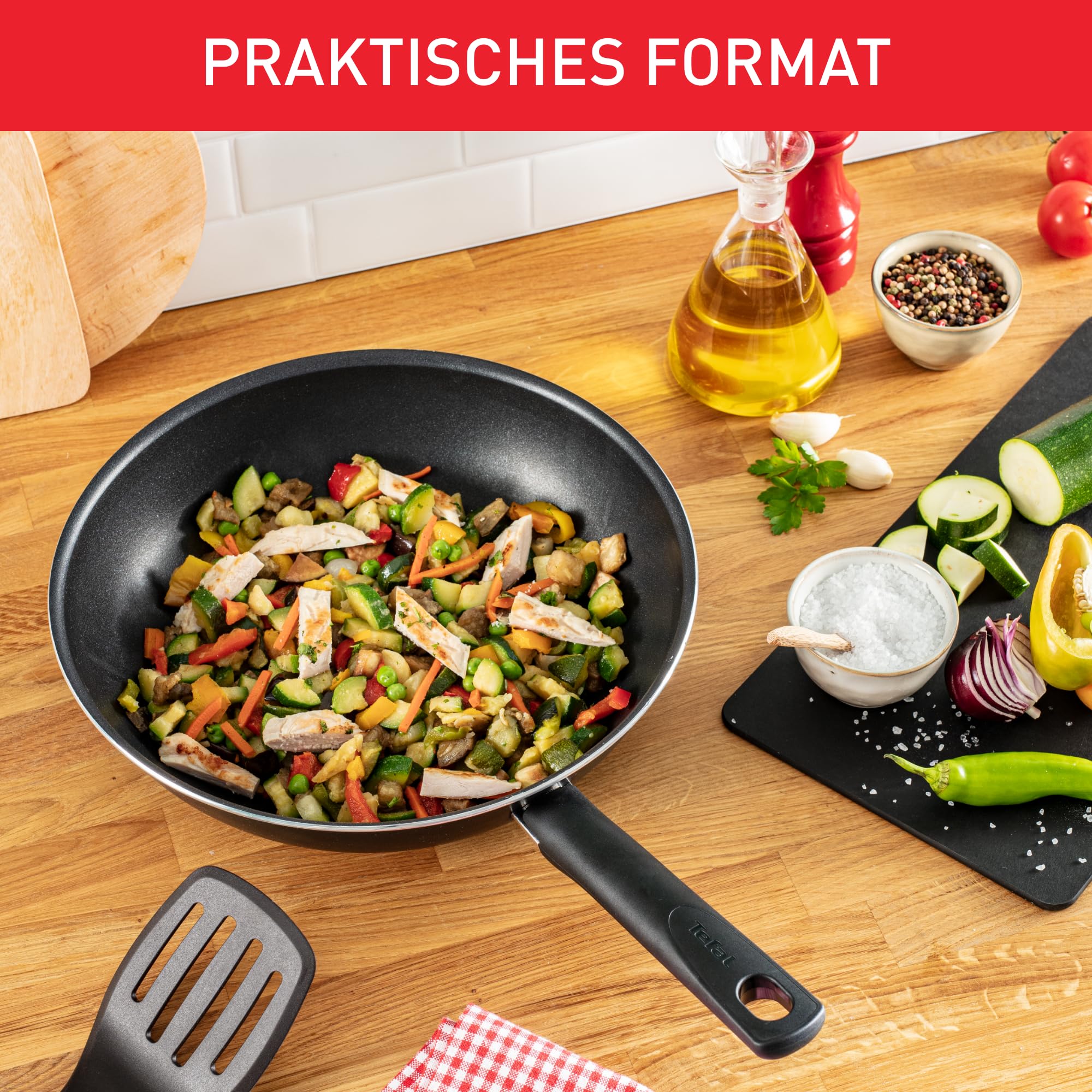 Tefal Day by Day On Wokpfanne 28 cm, Antihaftbeschichtung, Thermo-Signal bei idealer Brattemperatur, nicht induktionsgeeignet, tiefe Form, Aluminium, B56419