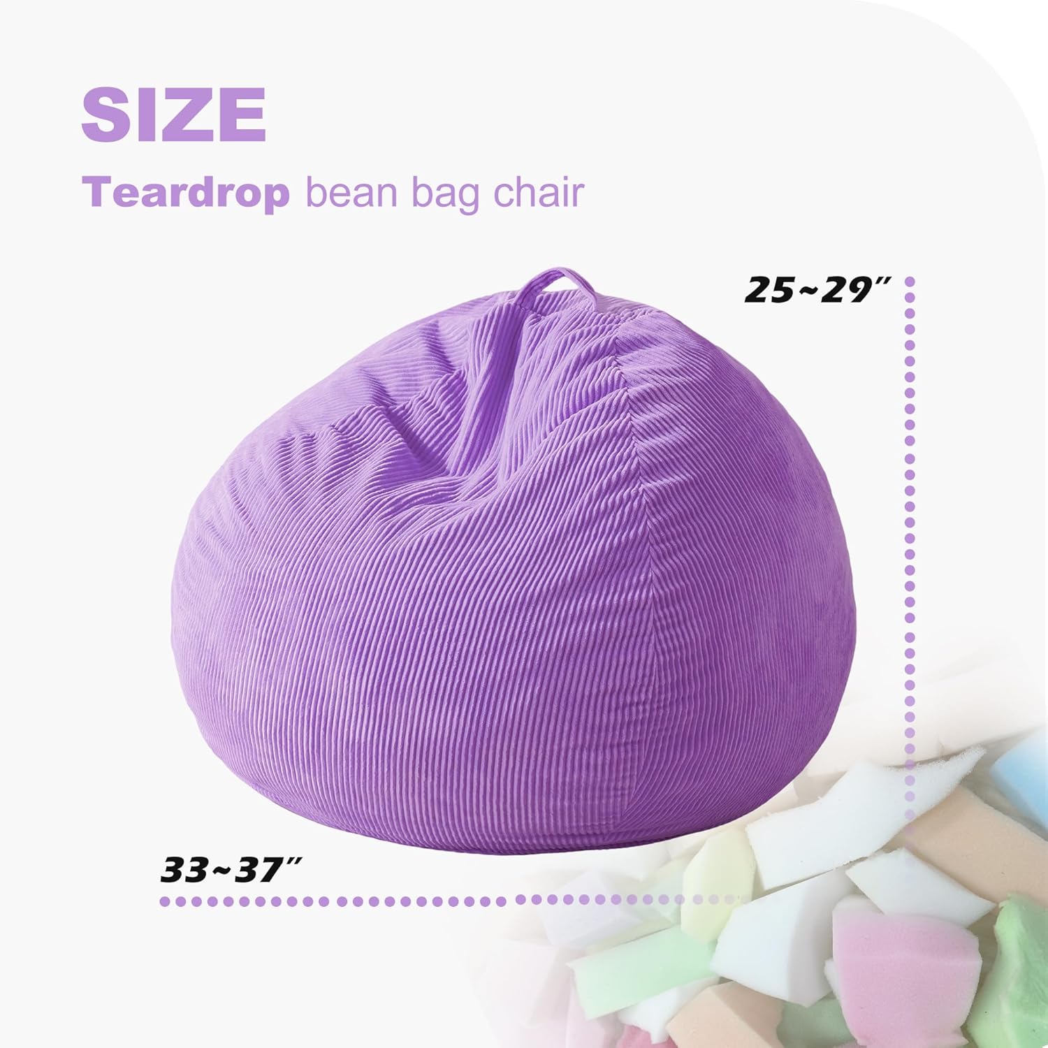 Homguava 3FT Bean Bag Chair: Teardrop Bean Bags with Memory Foam Filled, Compact Beanbag Chairs Soft Sofa with Corduroy Cover (Purple)