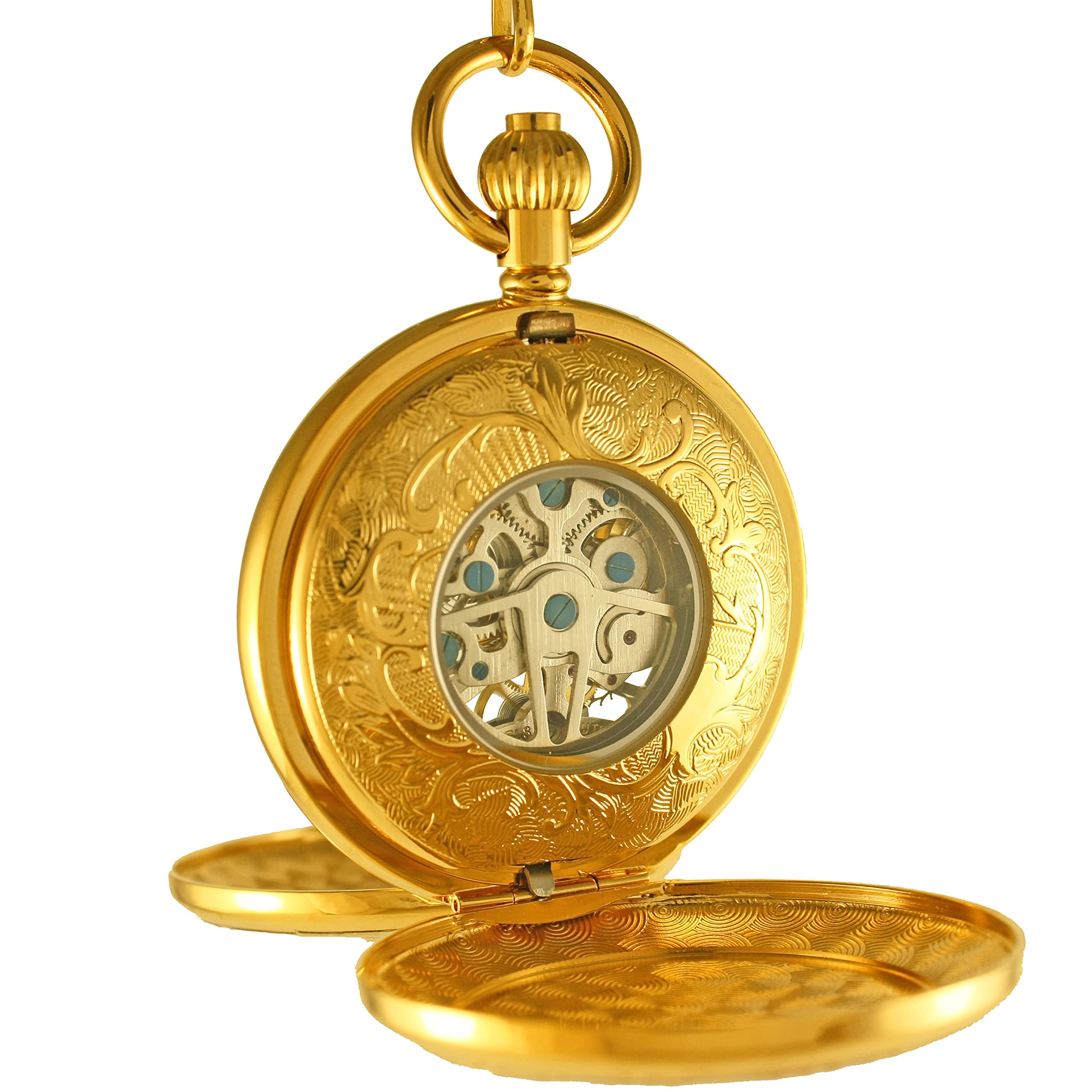 Ogle Vintage Double Copper Cover Case Dual Movement Skeleton Chain Fob Self Winding Automatic Mechanical Pocket Watch
