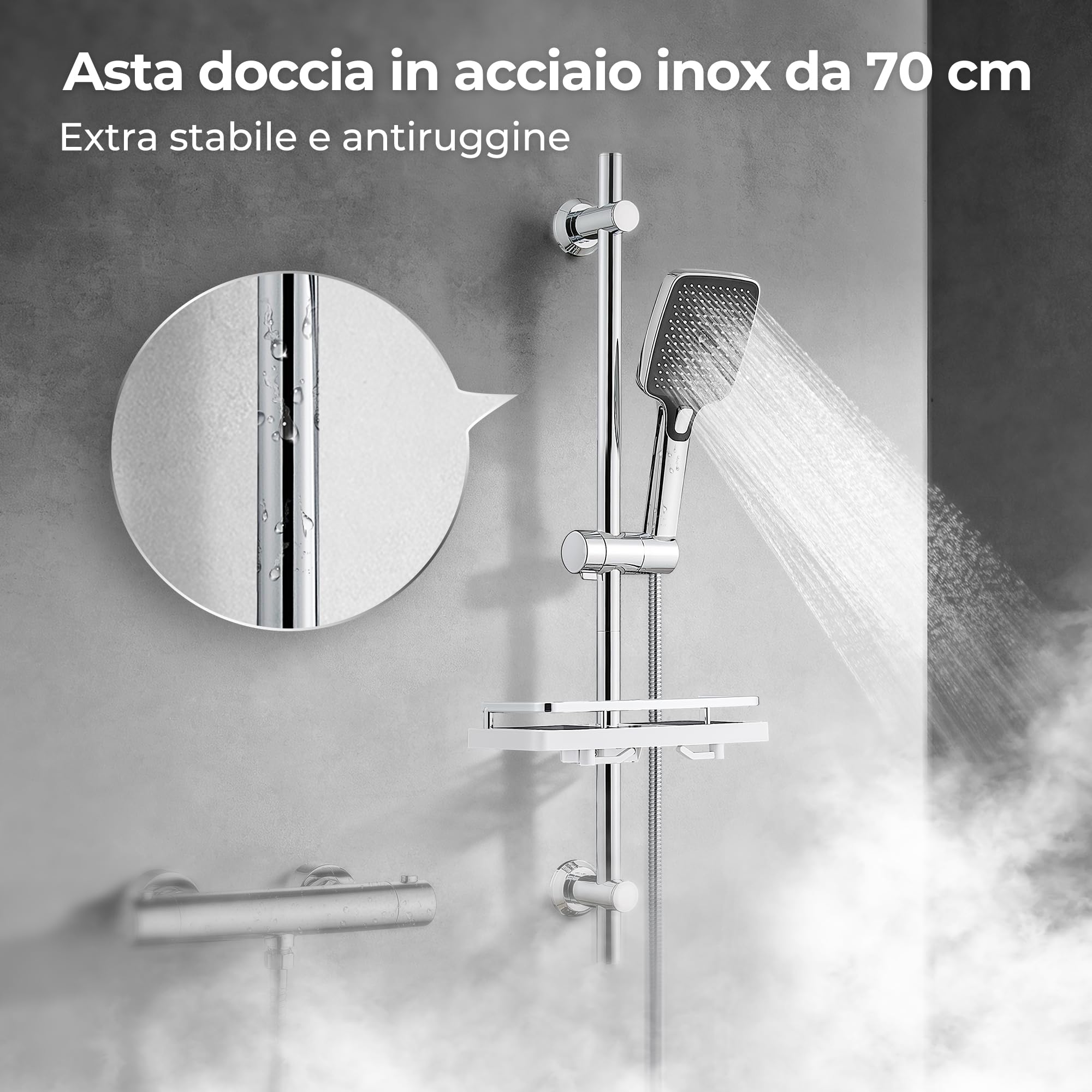 JOHO Colonna Doccia Senza Miscelatore, Asta Doccia Acciaio Inox 70 cm con Supporto Soffione Regolabile, Saliscendi Doccia Adattarsi ai Fori Esistenti con Doccetta 3 Geti e Mensola, Cromo