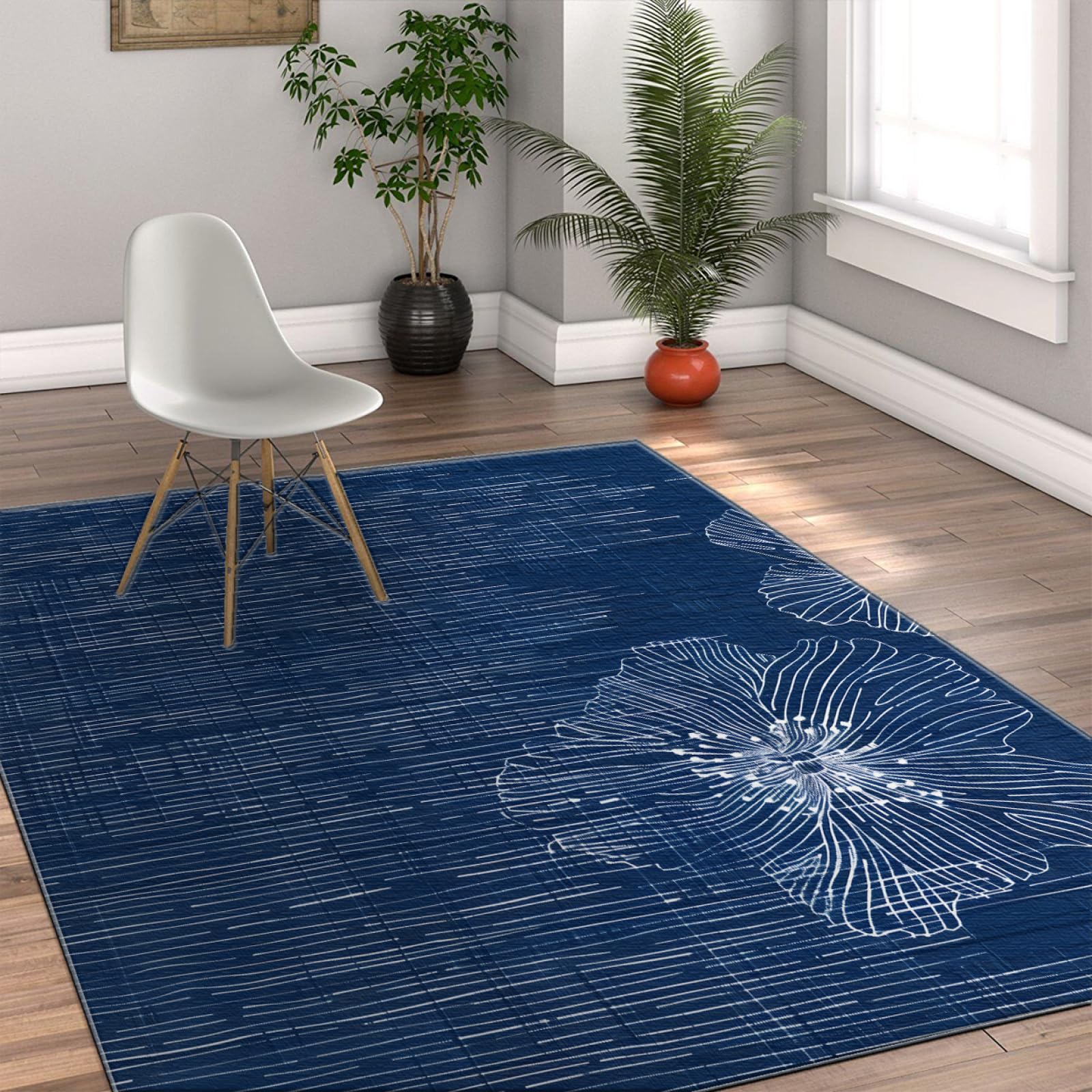 Ciemnoniebieski neutralny styl dywany do salonu białe linie sztuka kwiatowy dywanik 150 x 240 cm nie gubi włosia, można prać w pralce, dywaniki w paski