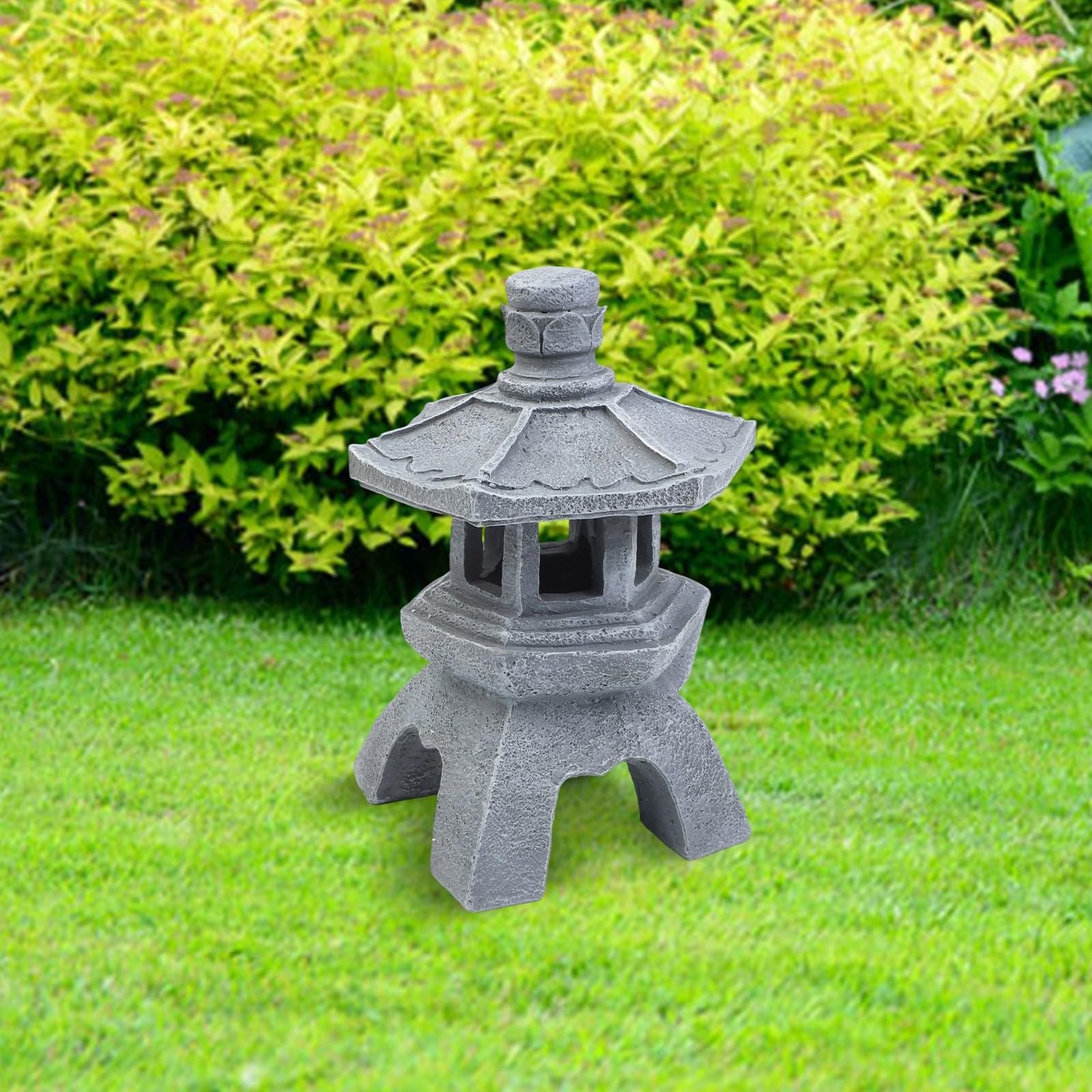Estatua solar de resina para jardín de farol de pagoda, resistente a la intemperie, decoración zen con luz automática para patio al aire libre, gris, 26 x 14 x 14 cm