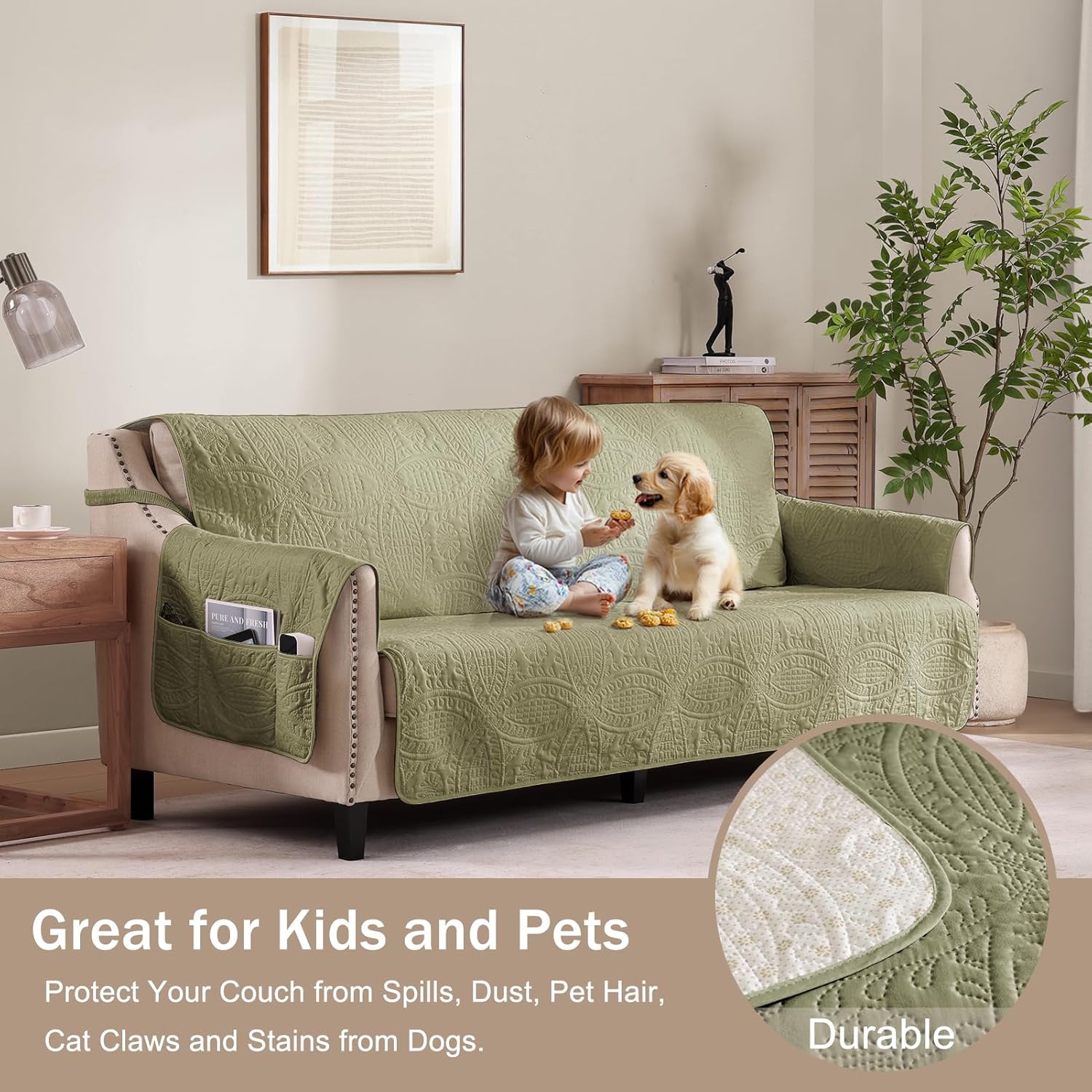 Quilted Recliner Chair Covers, Soft Lazy Boy Chair Covers, Water-Repellent Large Recliner Covers, Pet Friendly Chair Cover for Dogs, Washable Furniture Sofa Cover (Recliner 30", Sage Green)
