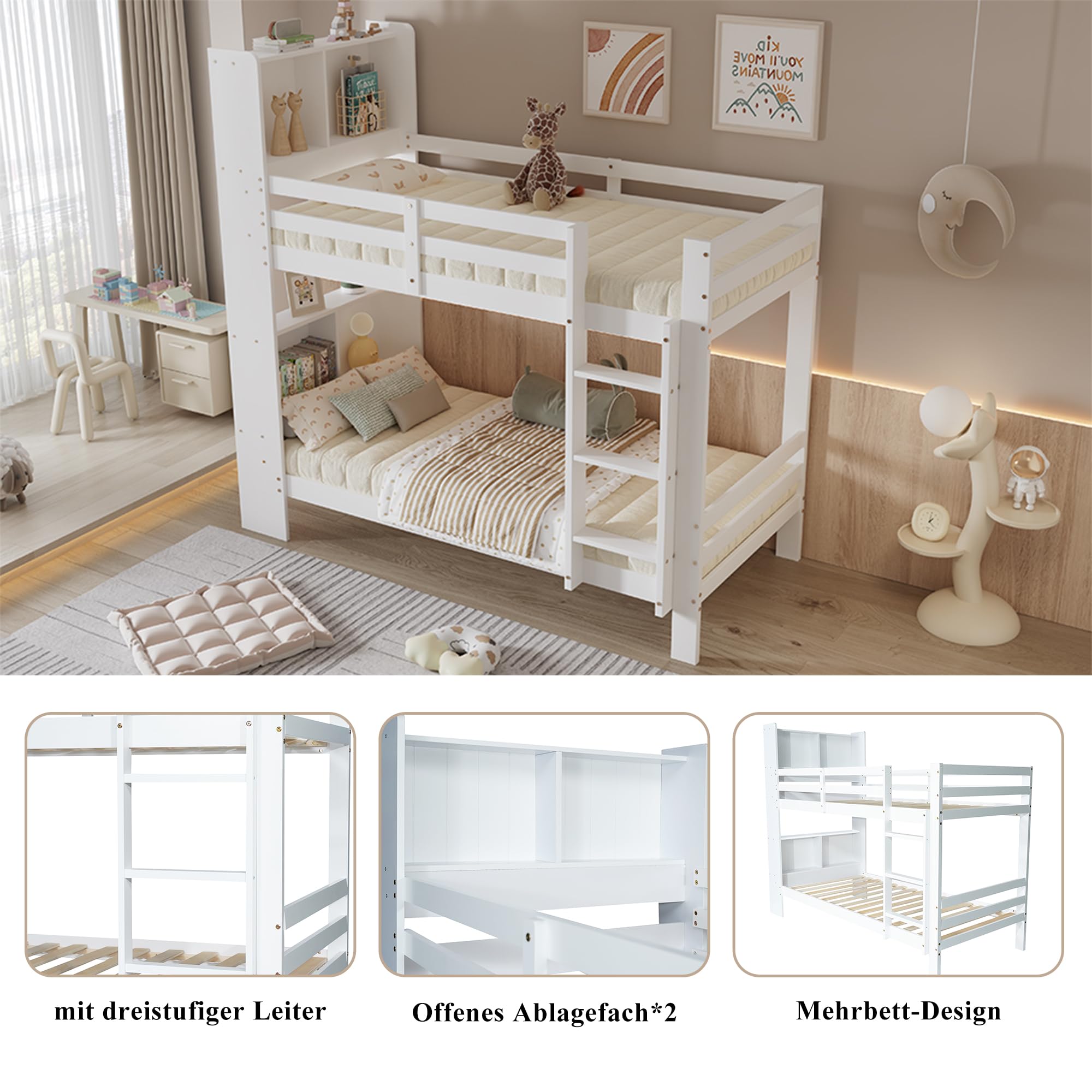Oyemige Letto a Castello, Letto per Bambini con Contenitore, Letto Matrimoniale con Ripiano e Scala Ad Angolo Retto a Tre Gradini, 90x200 cm Letto In Legno, Rete A Doghe, Bianco, Senza Materasso