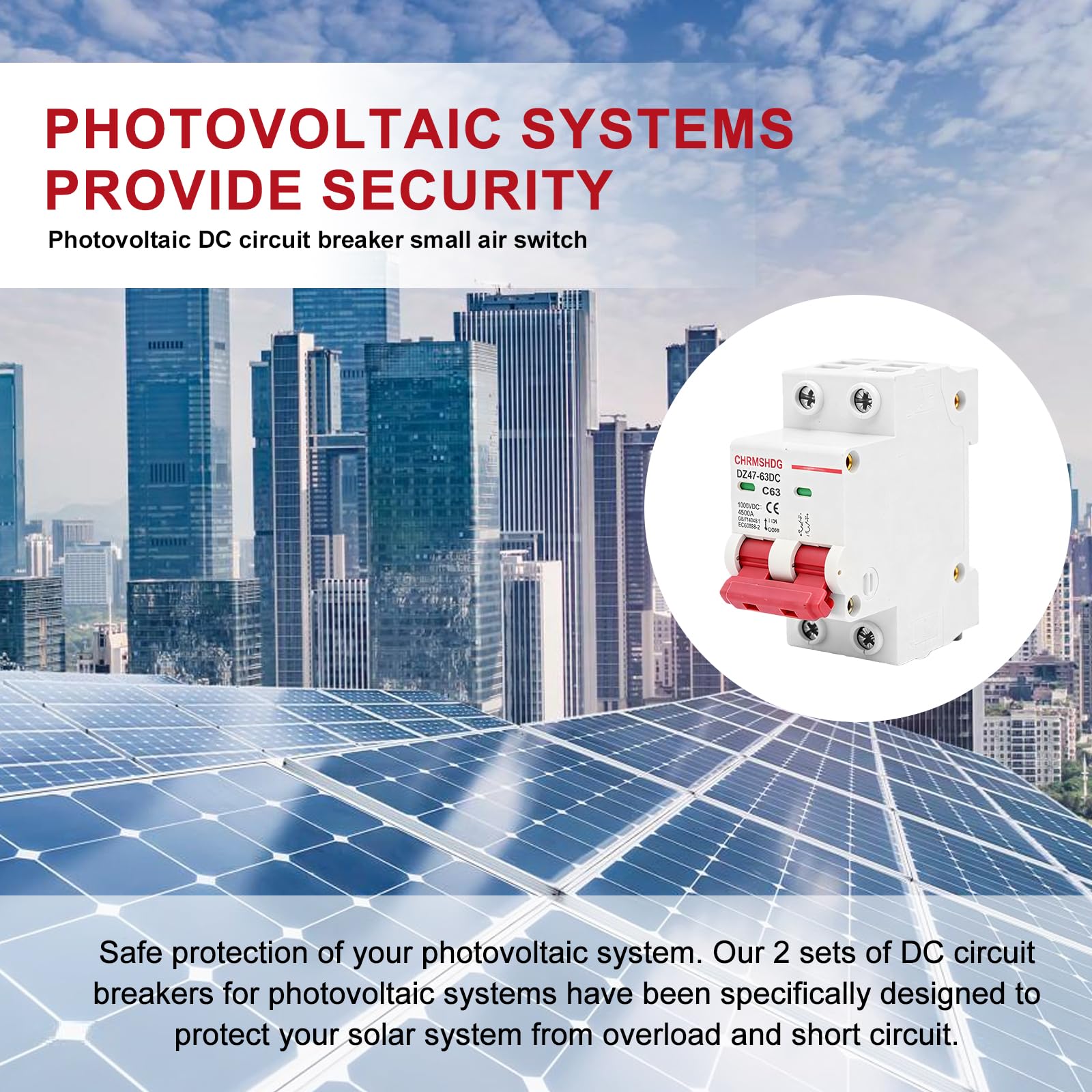4 interruttori automatici di sicurezza PV, DC 63 A, 1000 V DZ47-63Z-2P DC, interruttore di separazione DC, protezione del circuito, interruttore a corrente residua, mini interruttore