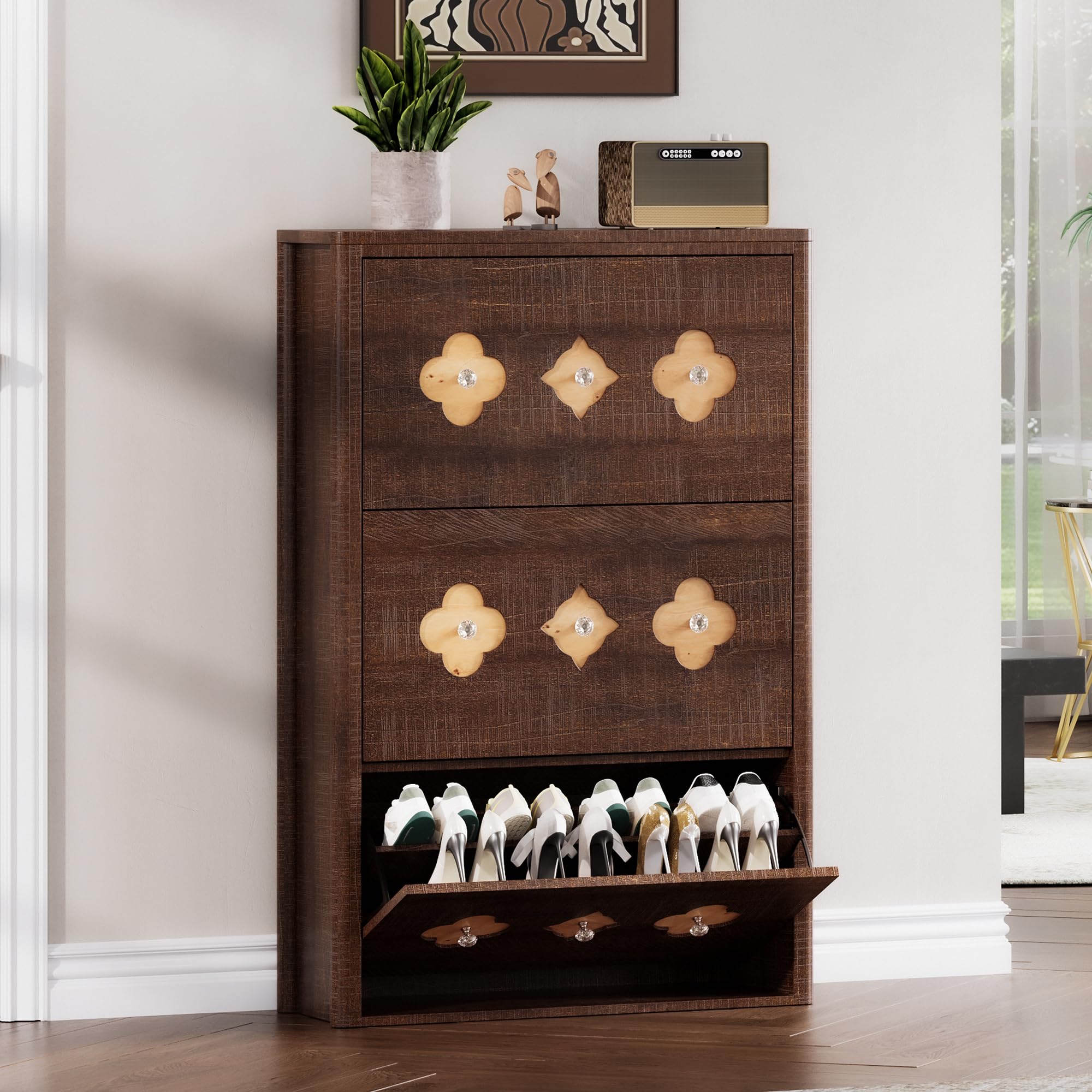 GarveeHome Shoe Cabinet with 3 Flip Drawers &amp; Adjustable Shelves, Brown