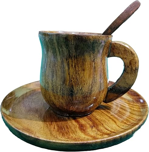 Taza de café espresso de madera hecha a mano con platillo y cuchara, ligera e irrompible, ecológica, taza de madera tradicional para servir té y café