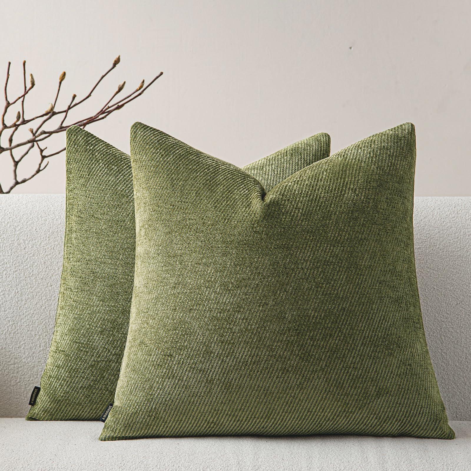 a moment Pack of 2 Decorative Chenille Cushion Cover Throw Pillow Covers with Twill Cushion Covers for Sofa Living Room Couch Bed 20x20 Inch Moss Green
